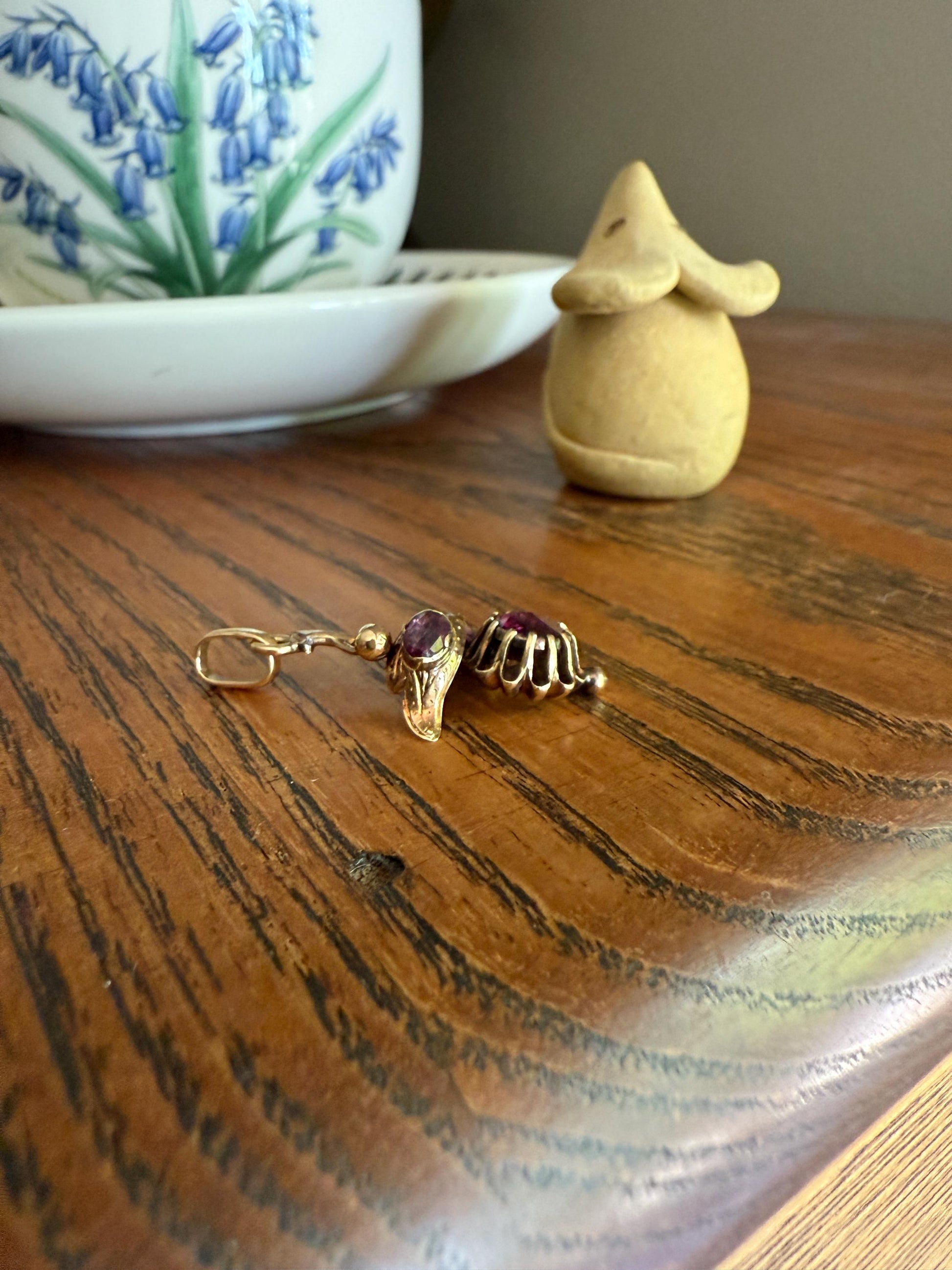 FLORAL Leaf Victorian French Perpignan GARNET Pendant Charm Dangle Pendant 18k Gold Rose Cut Closed Back Almandine Glowing Purple Pink Leaf