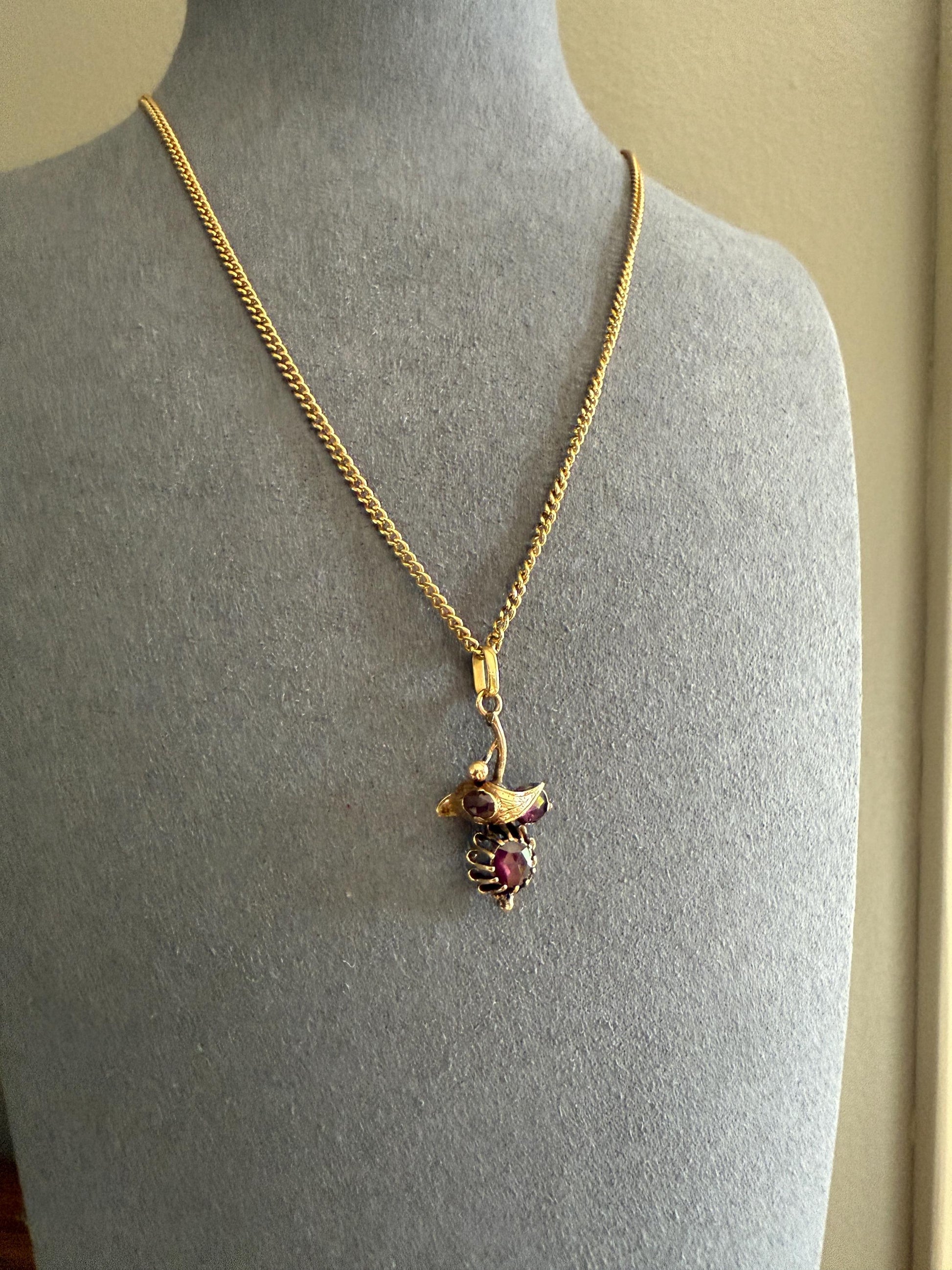 FLORAL Leaf Victorian French Perpignan GARNET Pendant Charm Dangle Pendant 18k Gold Rose Cut Closed Back Almandine Glowing Purple Pink Leaf