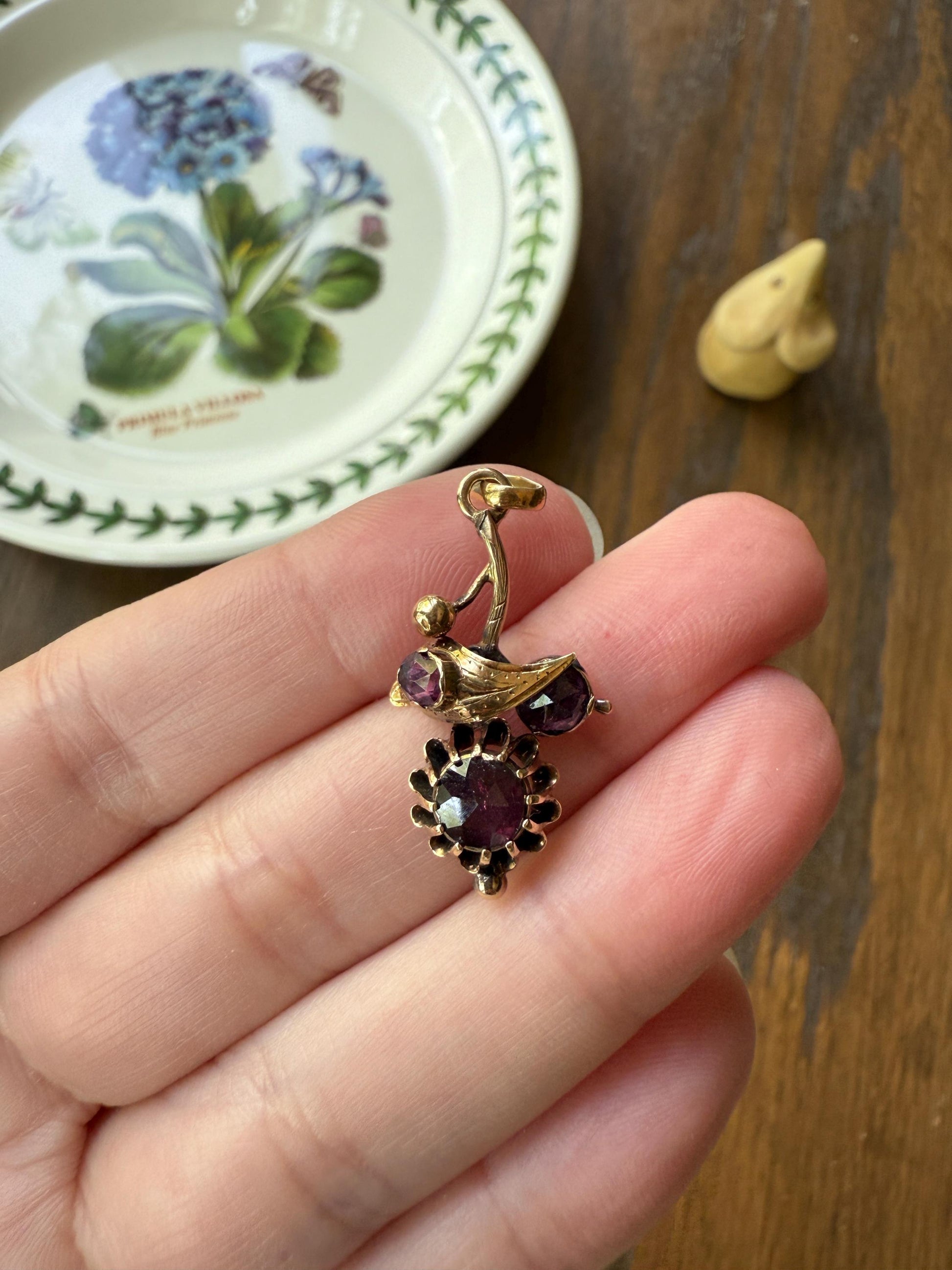 FLORAL Leaf Victorian French Perpignan GARNET Pendant Charm Dangle Pendant 18k Gold Rose Cut Closed Back Almandine Glowing Purple Pink Leaf