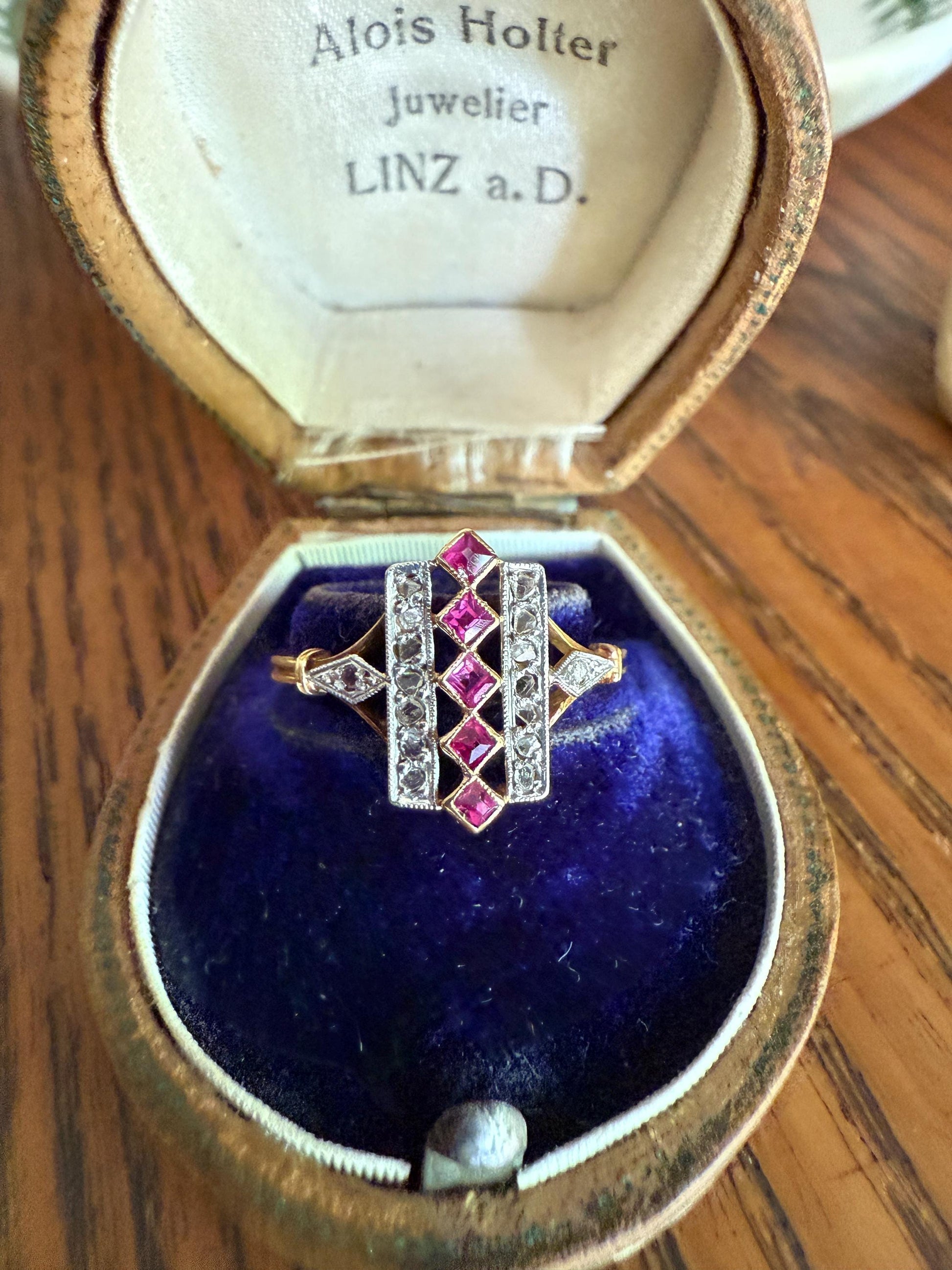 Lattice Antique Edwardian Pink RUBY 18k Gold Fuchsia 16 Rose Cut Diamond Grid Ring Belle Epoque Stacker Colorful Geometric Romantic Gift