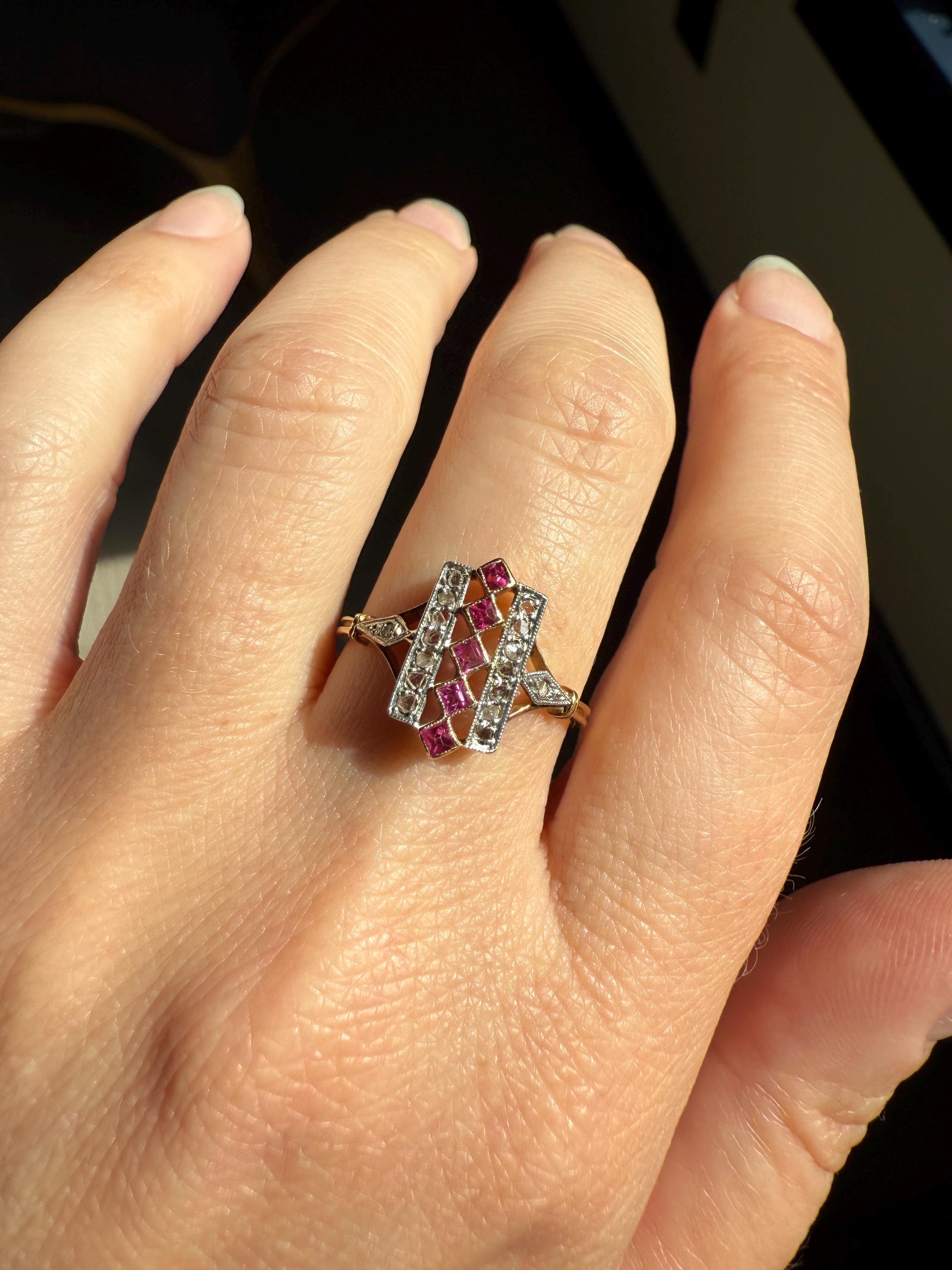 Lattice Antique Edwardian Pink RUBY 18k Gold Fuchsia 16 Rose Cut Diamond Grid Ring Belle Epoque Stacker Colorful Geometric Romantic Gift