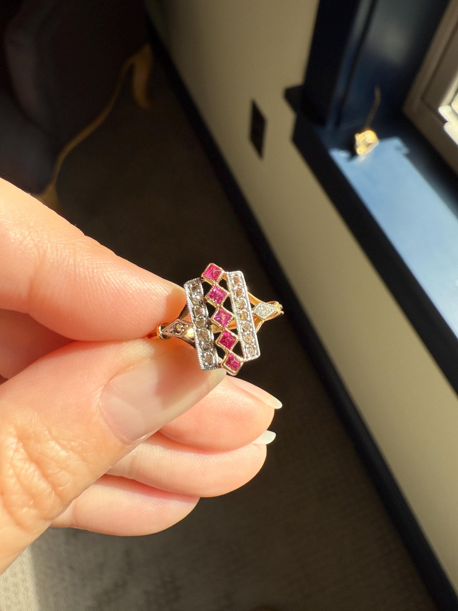 Lattice Antique Edwardian Pink RUBY 18k Gold Fuchsia 16 Rose Cut Diamond Grid Ring Belle Epoque Stacker Colorful Geometric Romantic Gift