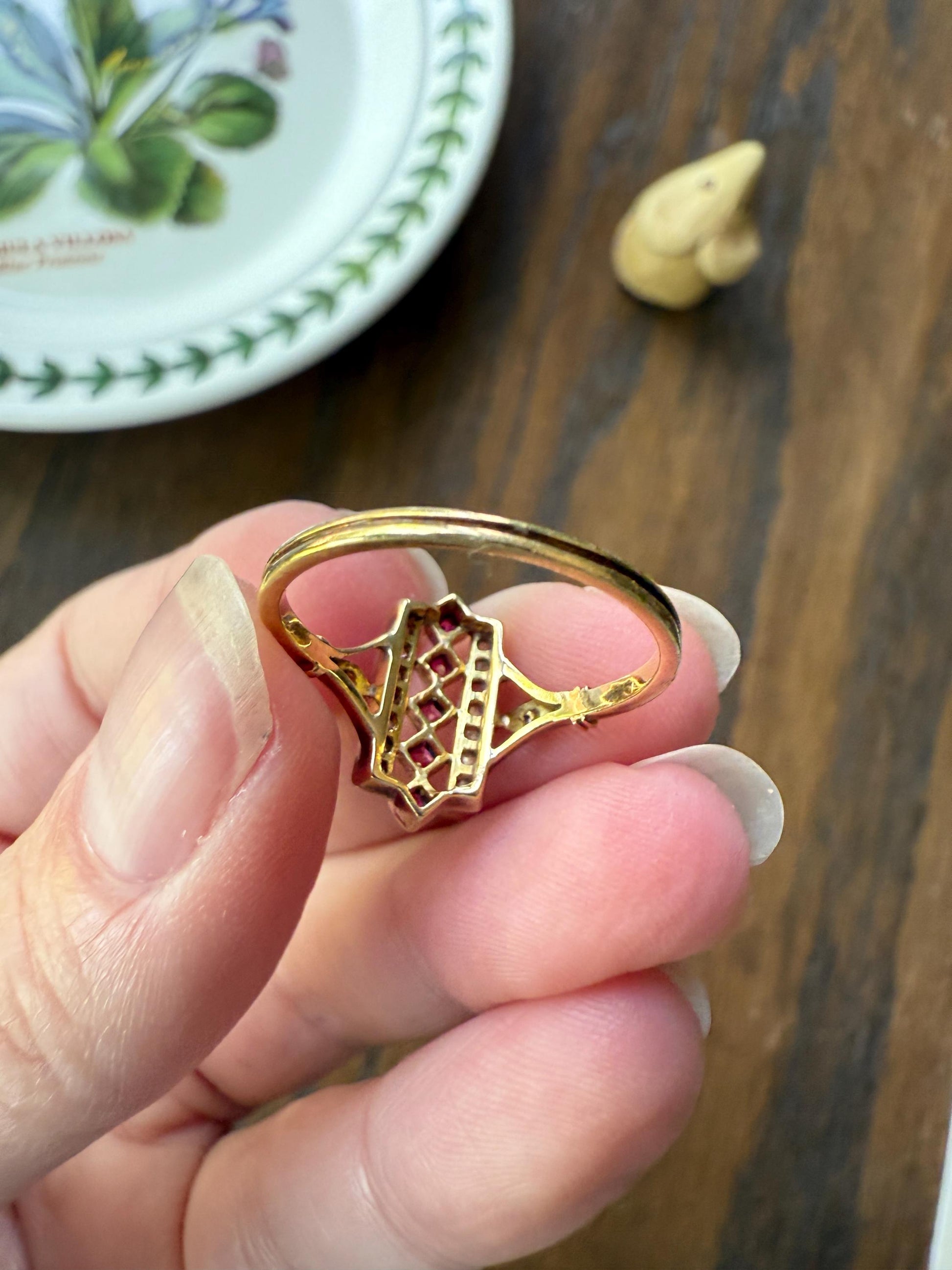 Lattice Antique Edwardian Pink RUBY 18k Gold Fuchsia 16 Rose Cut Diamond Grid Ring Belle Epoque Stacker Colorful Geometric Romantic Gift