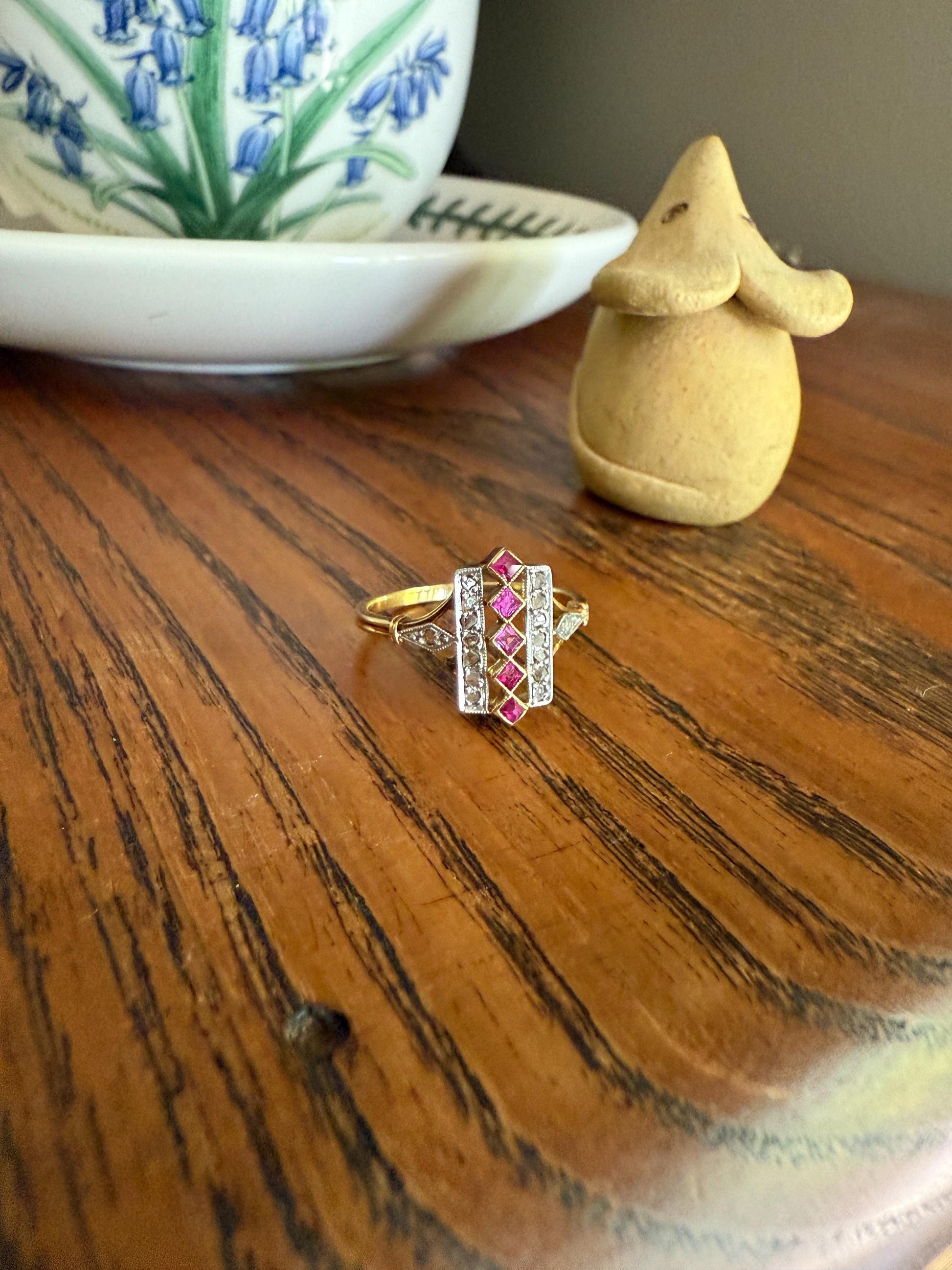 Lattice Antique Edwardian Pink RUBY 18k Gold Fuchsia 16 Rose Cut Diamond Grid Ring Belle Epoque Stacker Colorful Geometric Romantic Gift