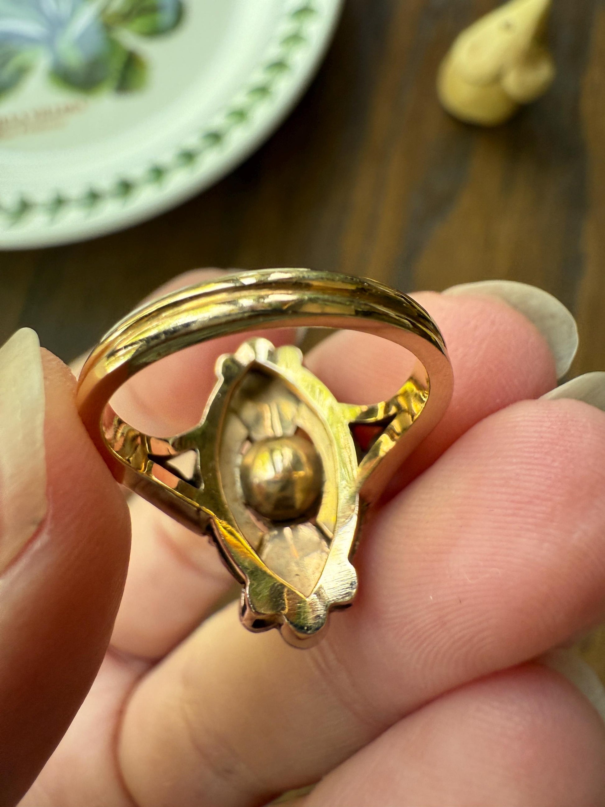 Scalloped Cluster Antique Spanish Iberian Rose Cut Diamond Ring Oval Floral Sunburst Domed Back 18k Gold Silver Unique Foiled Stacker Gift