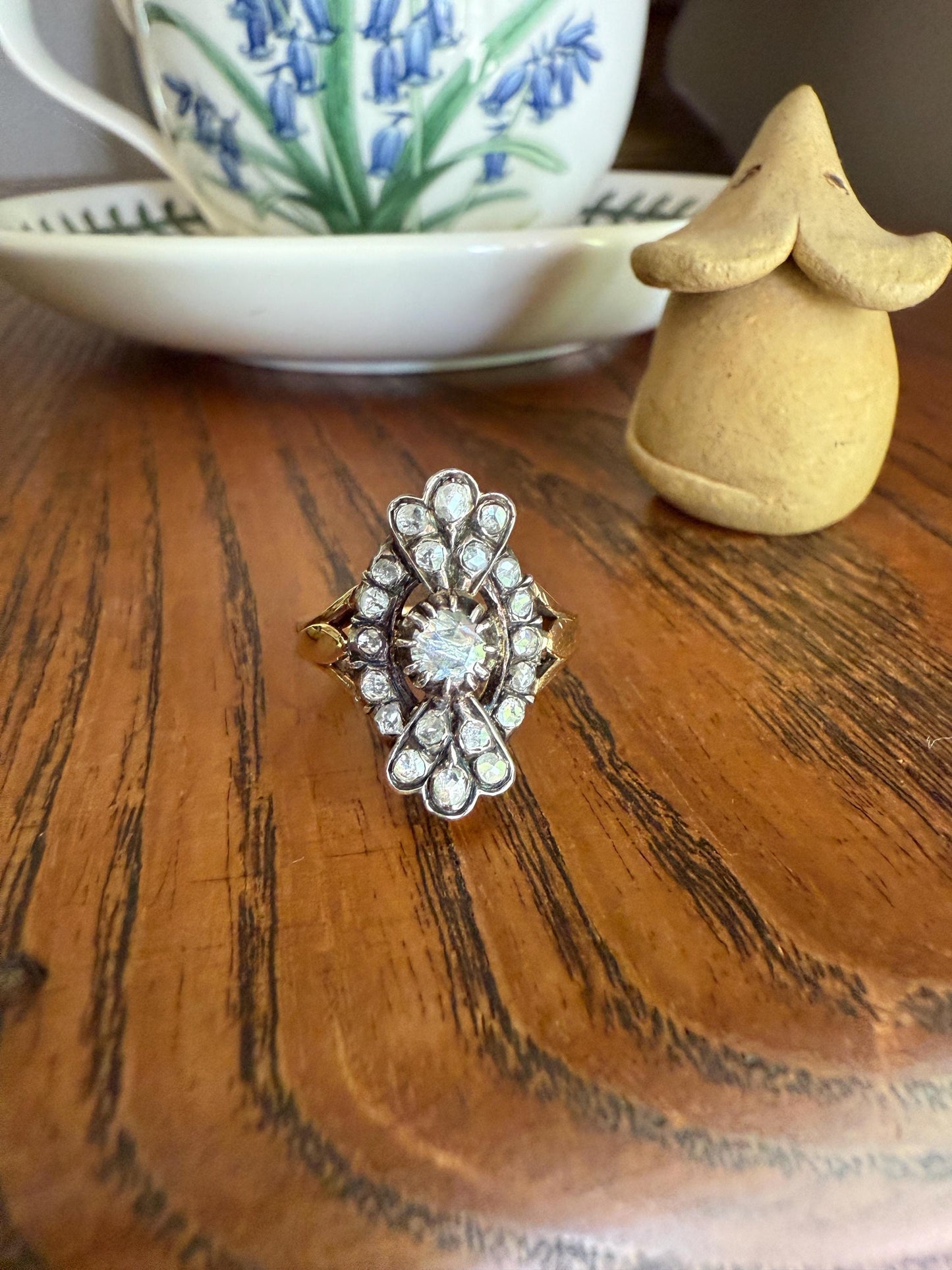 Scalloped Cluster Antique Spanish Iberian Rose Cut Diamond Ring Oval Floral Sunburst Domed Back 18k Gold Silver Unique Foiled Stacker Gift
