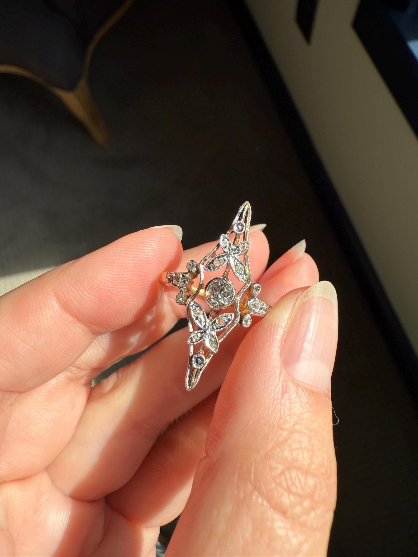 Ornate Butterfly ? Leaf French Belle Epoque Old Mine Rose Cut Diamond Ring 18k Gold 1.1 Inch Swirl Unique Navette Romantic Gift OmC