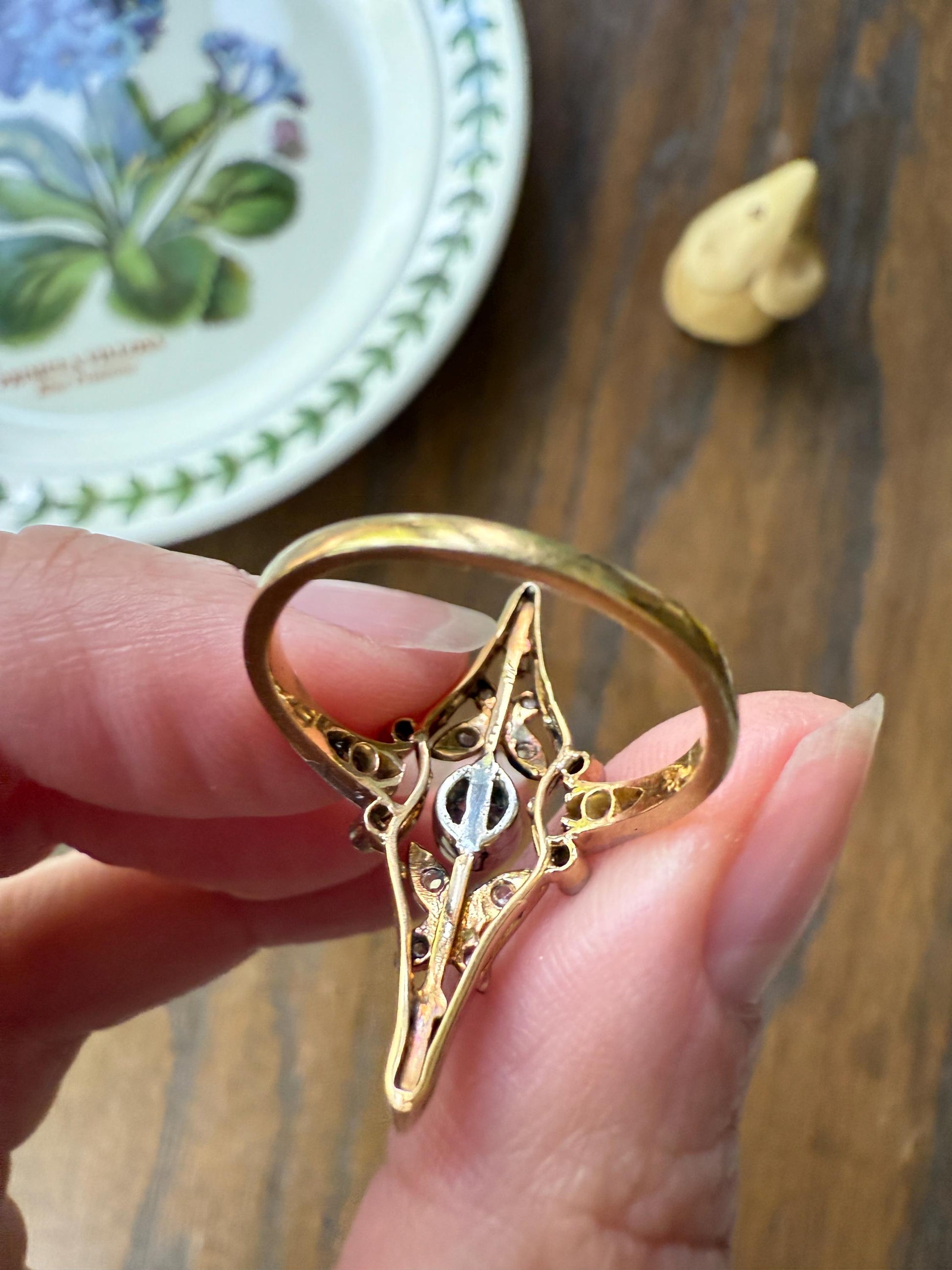 Ornate Butterfly ? Leaf French Belle Epoque Old Mine Rose Cut Diamond Ring 18k Gold 1.1 Inch Swirl Unique Navette Romantic Gift OmC