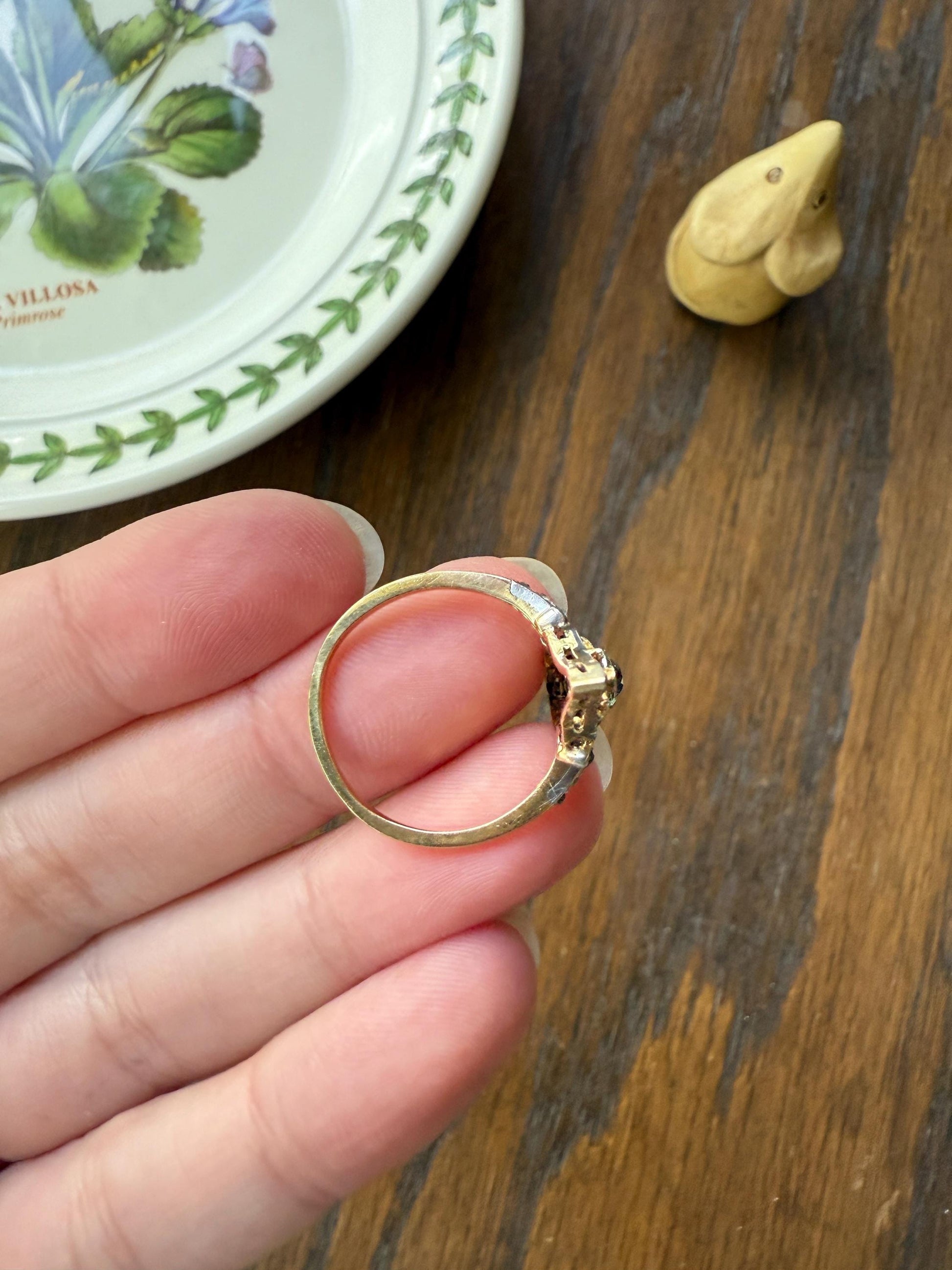 Ornate Butterfly ? Leaf French Belle Epoque Old Mine Rose Cut Diamond Ring 18k Gold 1.1 Inch Swirl Unique Navette Romantic Gift OmC