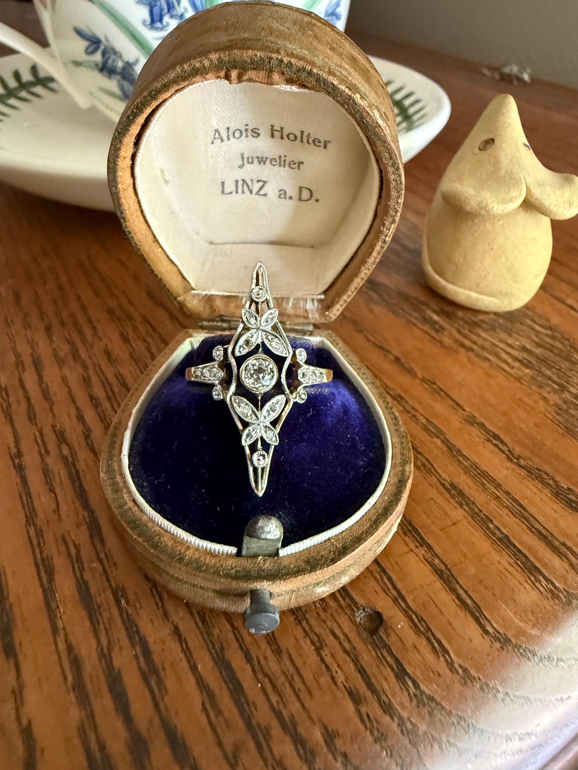 Ornate Butterfly ? Leaf French Belle Epoque Old Mine Rose Cut Diamond Ring 18k Gold 1.1 Inch Swirl Unique Navette Romantic Gift OmC