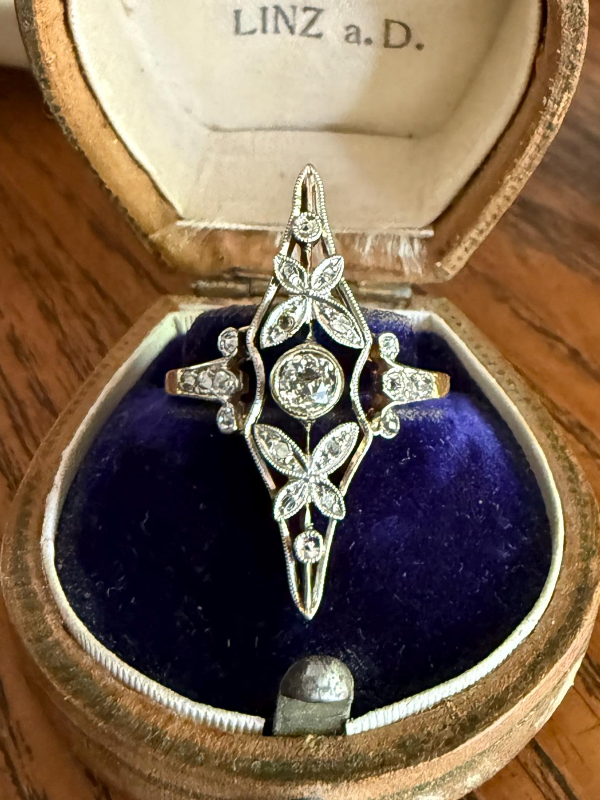 Ornate Butterfly ?  Leaf French Belle Epoque Old Mine Rose Cut Diamond Ring 18k Gold 1.1 Inch Swirl Unique Navette