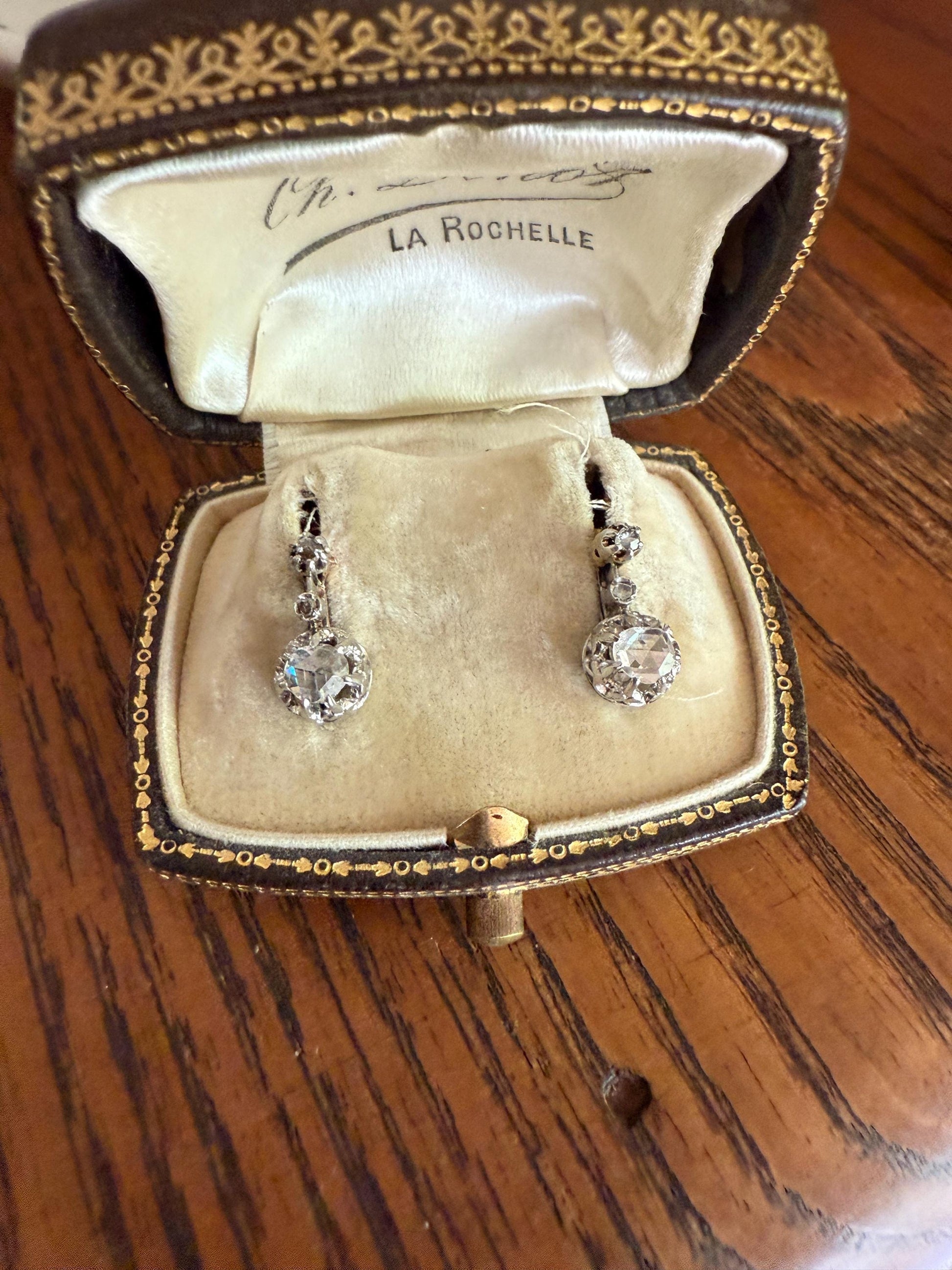 FRENCH Antique 18k GOLD Platinum Rose Cut DIAMOND Earrings Victorian Dangle Dormeuse Gift Belle Epoque Bridal Something Old Crown