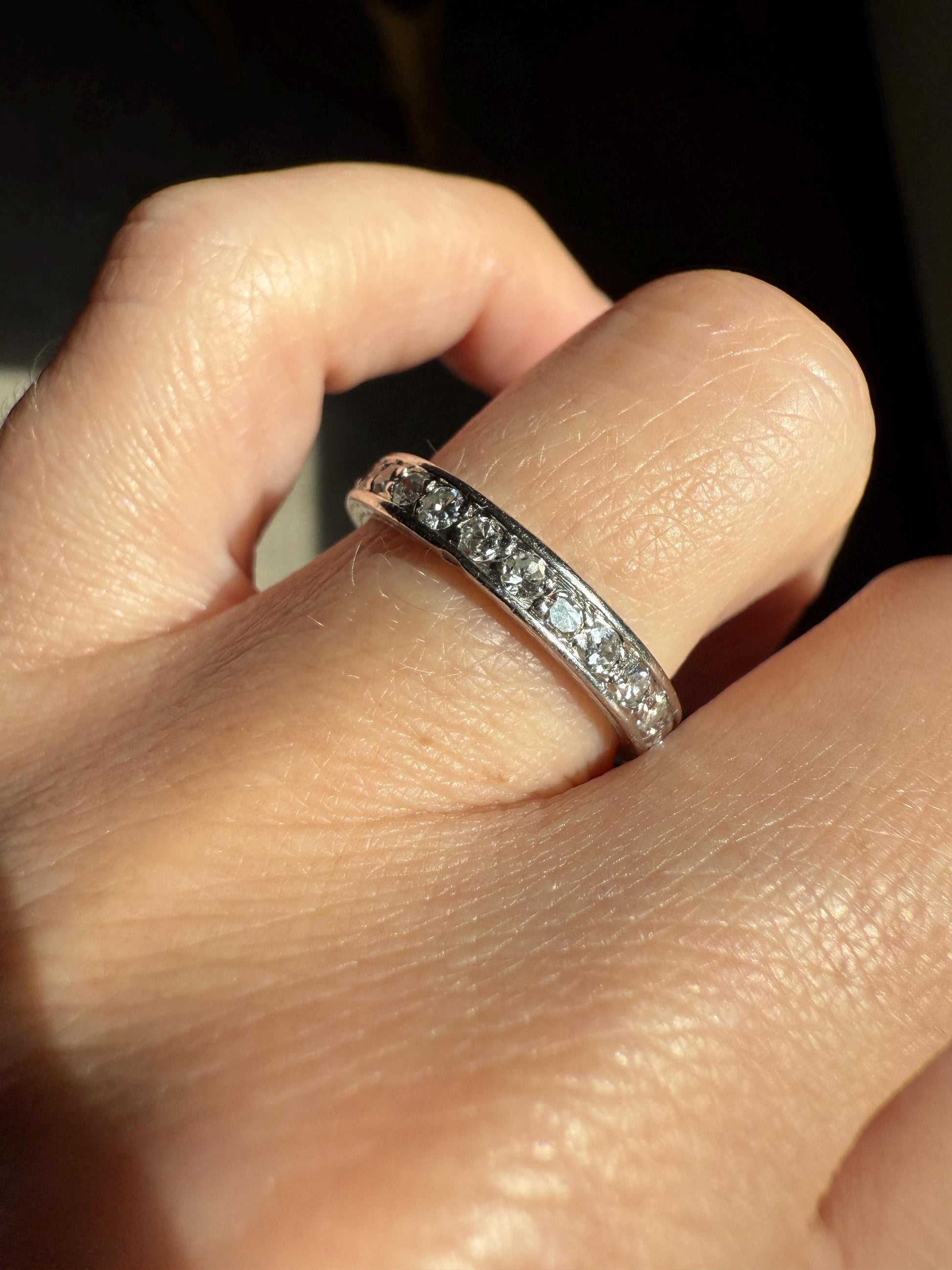 FRENCH Antique Edwardian Art Deco .8 Carat 26 Old Single Cut DiAMOND Platinum FuLL ETERNITY Band Engraved Ring Wedding 0.8Ctw Tdw Stacker