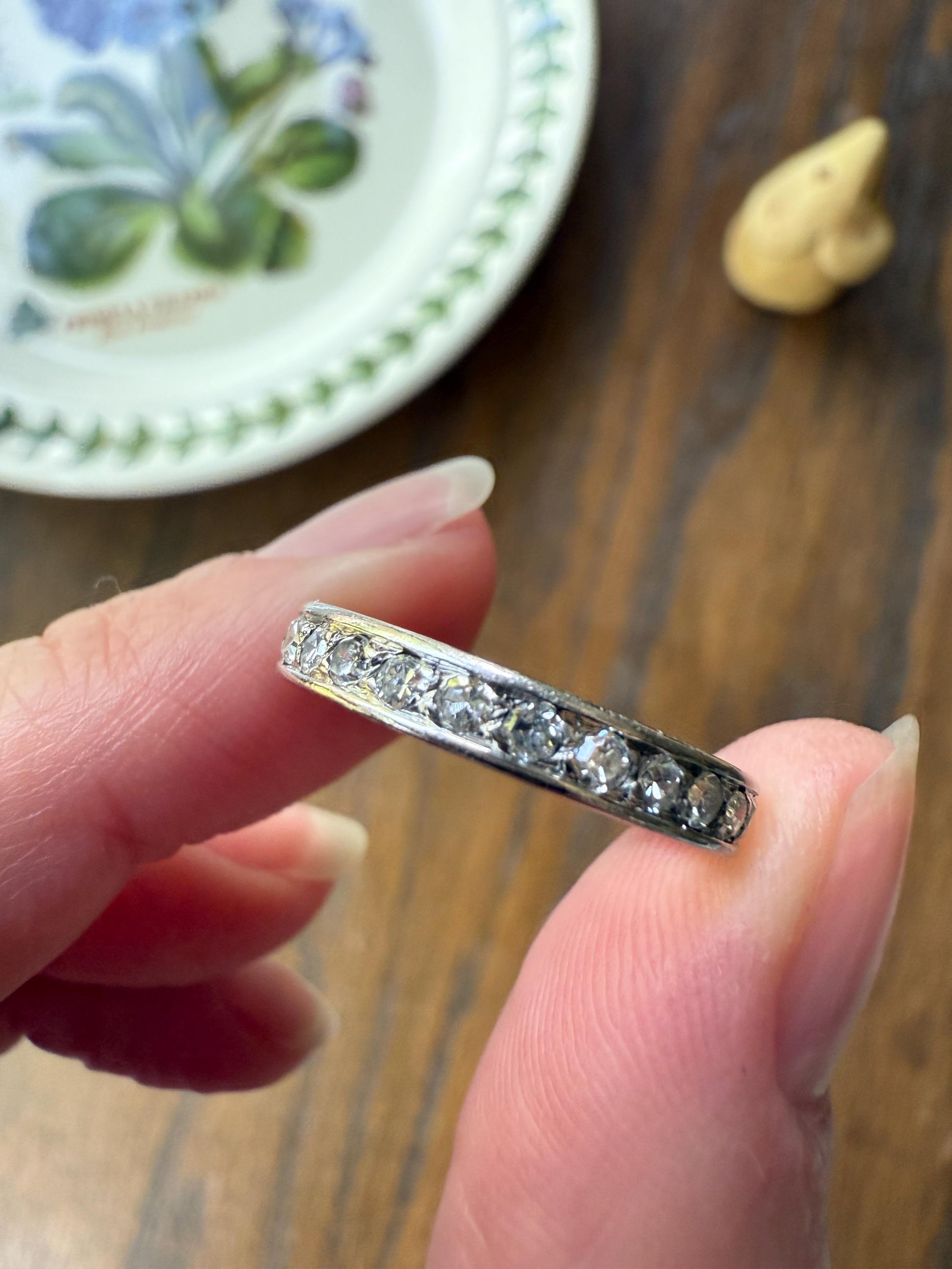 FRENCH Antique Edwardian Art Deco .8 Carat 26 Old Single Cut DiAMOND Platinum FuLL ETERNITY Band Engraved Ring Wedding 0.8Ctw Tdw Stacker