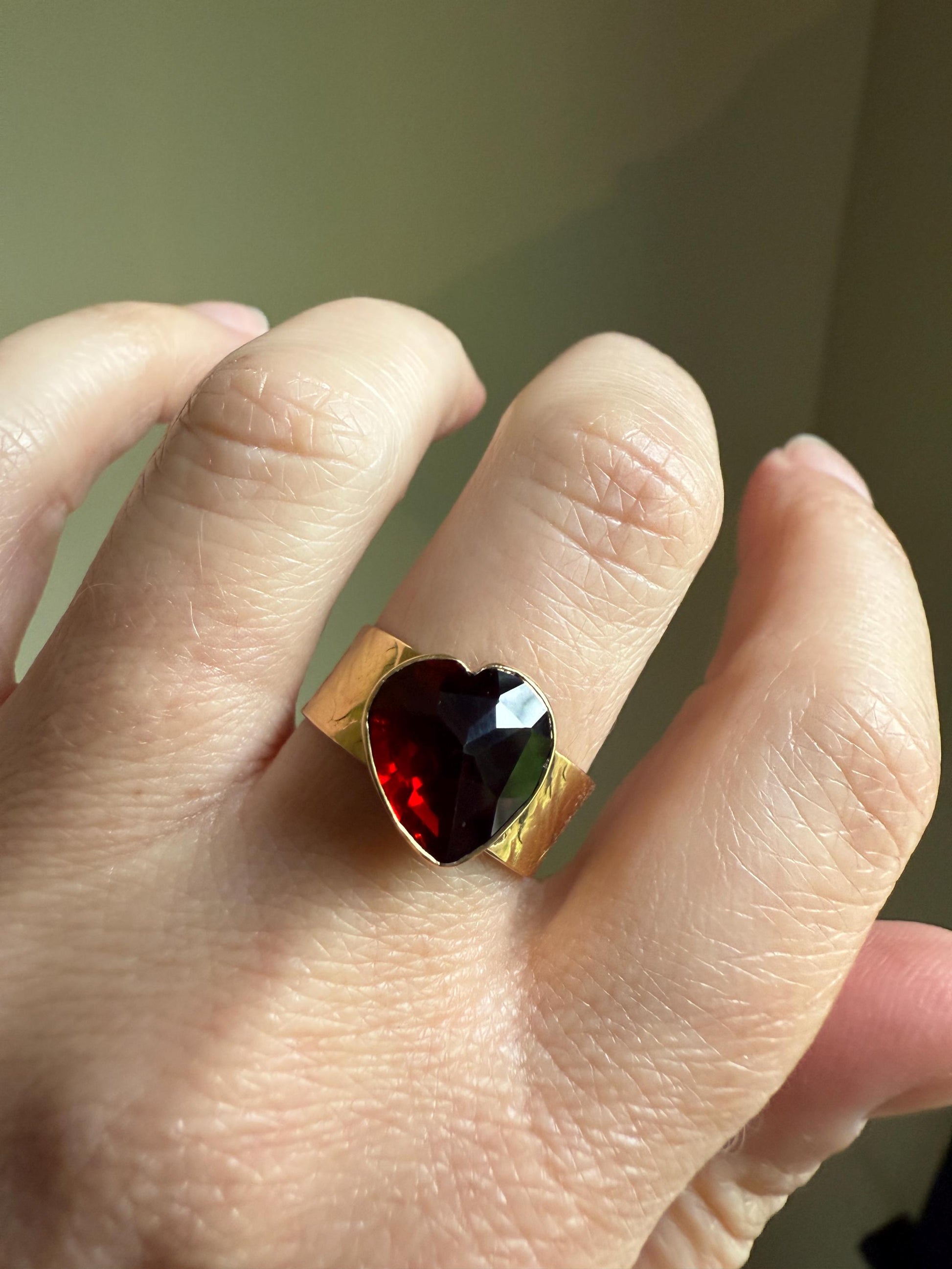 HEART Vintage Perpignan GARNET 7mm Wide Cigar Band Ring Figural Stacker Crimson Glowing Red Angled Textured Romantic Gift