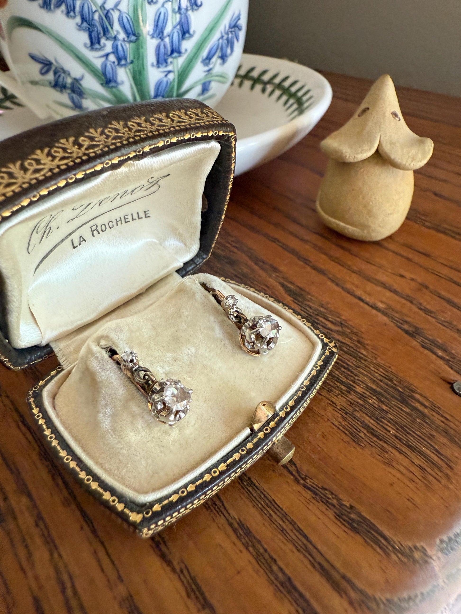 FRENCH Antique 18k GOLD Rose Cut Diamond Earrings Victorian Dangle Dormeuse Gift Belle Epoque Bridal Something Old Crown