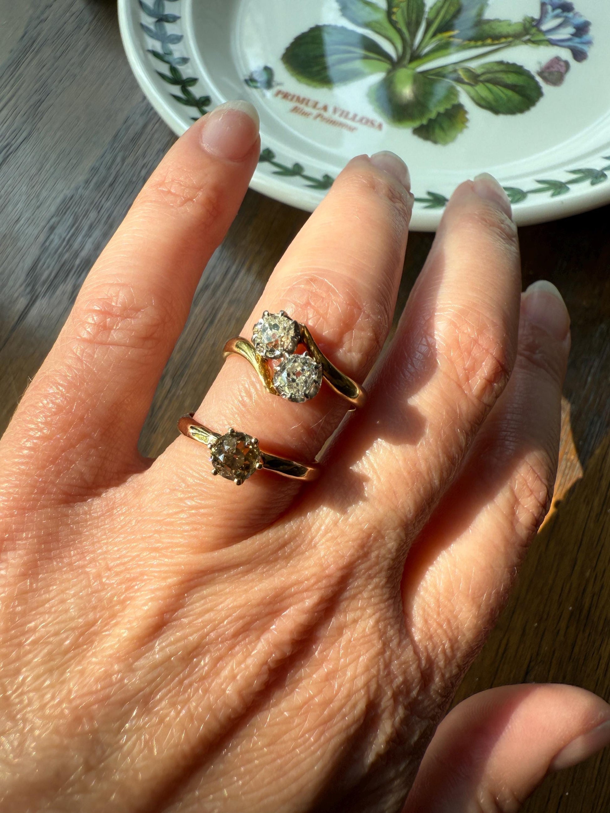 Toi et Moi EYE CLEAN .67 Carat Antique Old Mine Cut Diamond 18k Gold Ring Bypass Band Victorian Stacker Engagement Romantic Gift .67ctw OMC