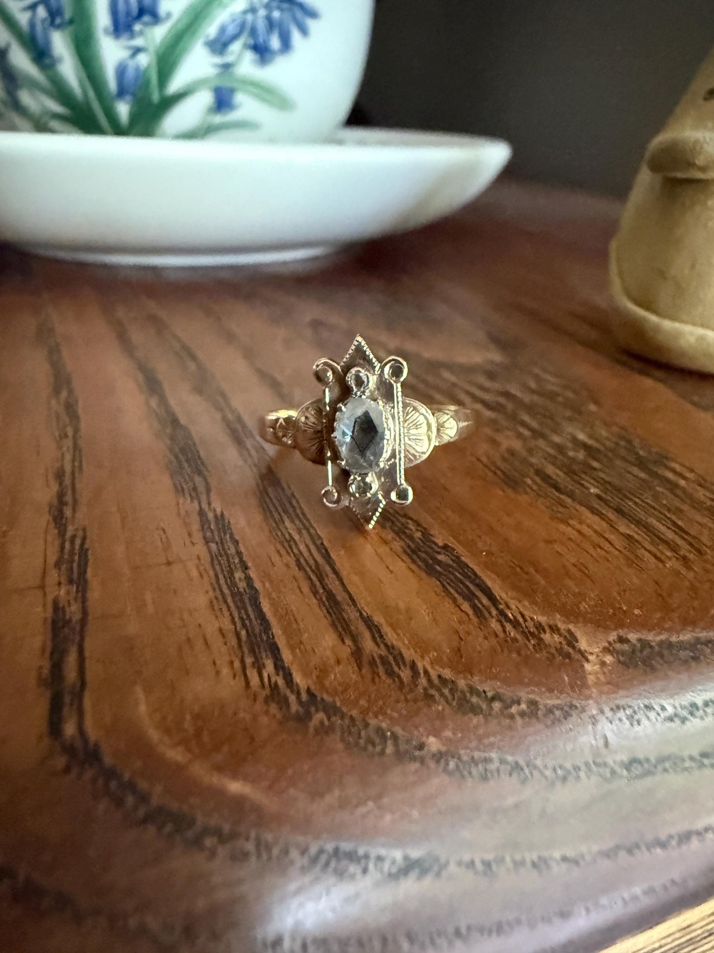 Georgian SHIELD Domed Oval Rose Cut Diamond Ornate Engraved Antique Ring 18k Gold Figural Stacker Gothic Medieval Style Unique Romantic Gift