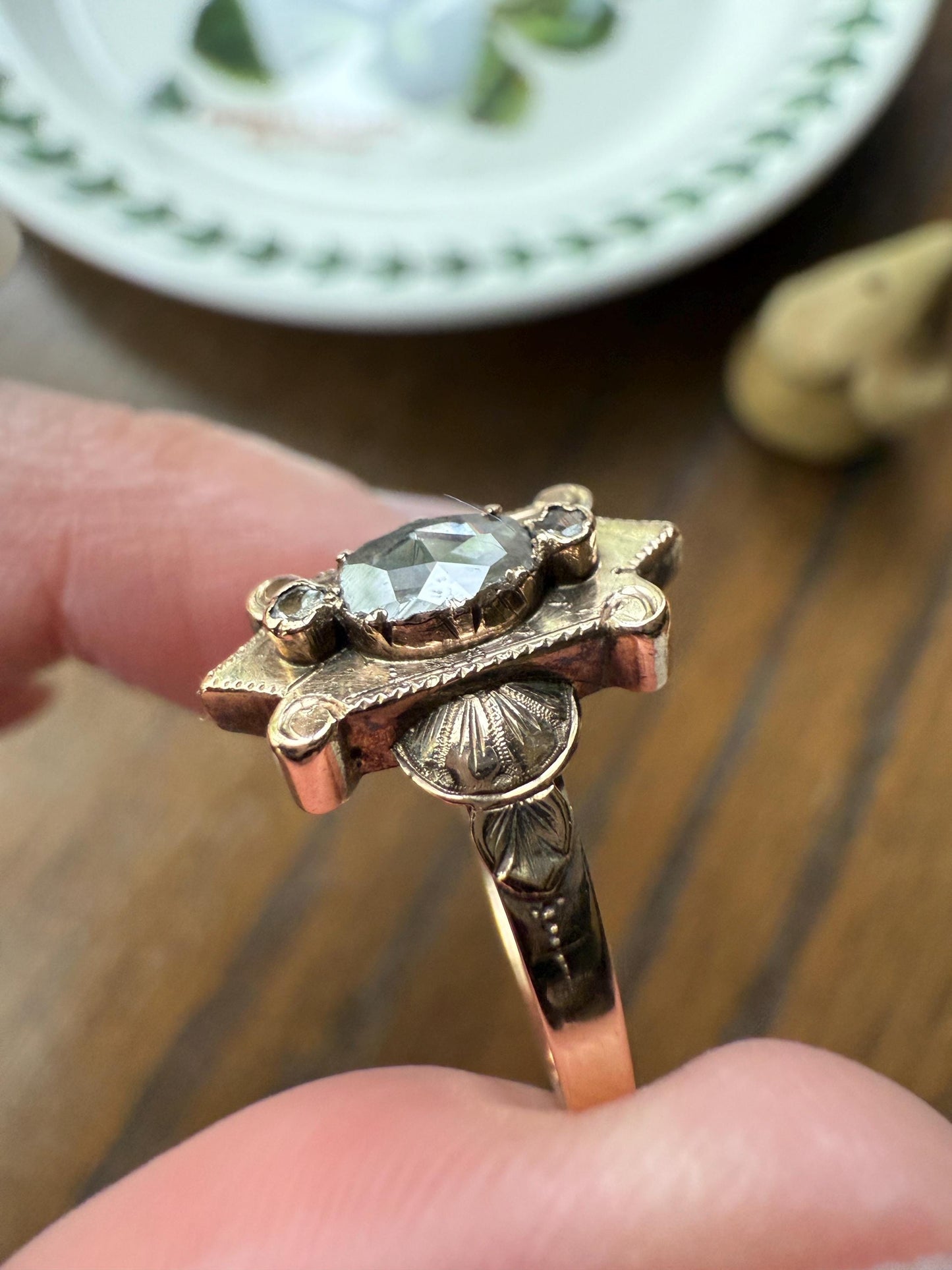 Georgian SHIELD Domed Oval Rose Cut Diamond Ornate Engraved Antique Ring 18k Gold Figural Stacker Gothic Medieval Style Unique Romantic Gift