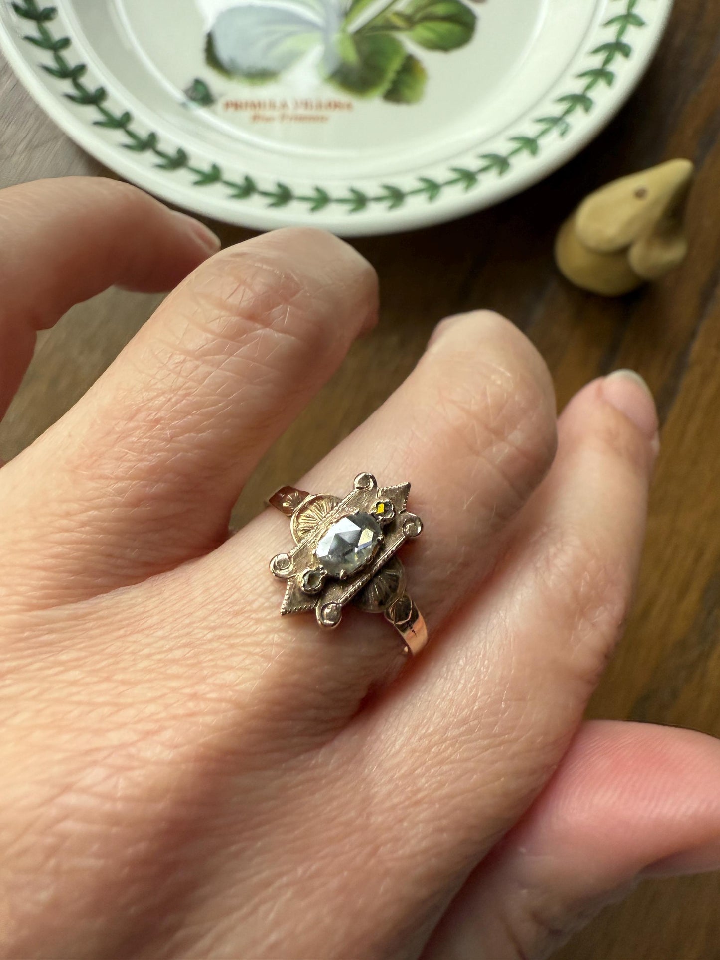 Georgian SHIELD Domed Oval Rose Cut Diamond Ornate Engraved Antique Ring 18k Gold Figural Stacker Gothic Medieval Style Unique Romantic Gift