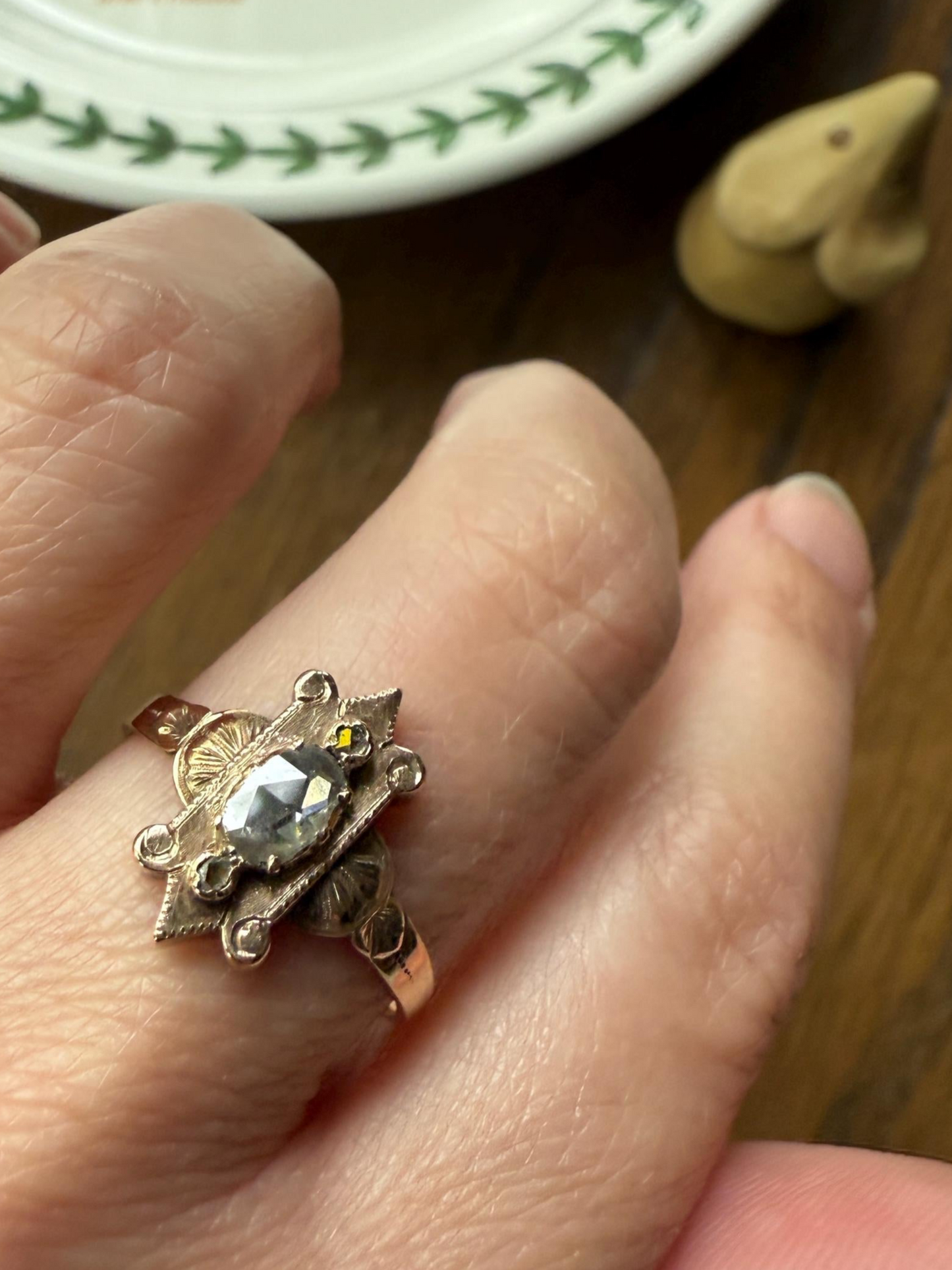 Georgian SHIELD Domed Oval Rose Cut Diamond Ornate Engraved Antique Ring 18k Gold Figural Stacker Gothic Medieval