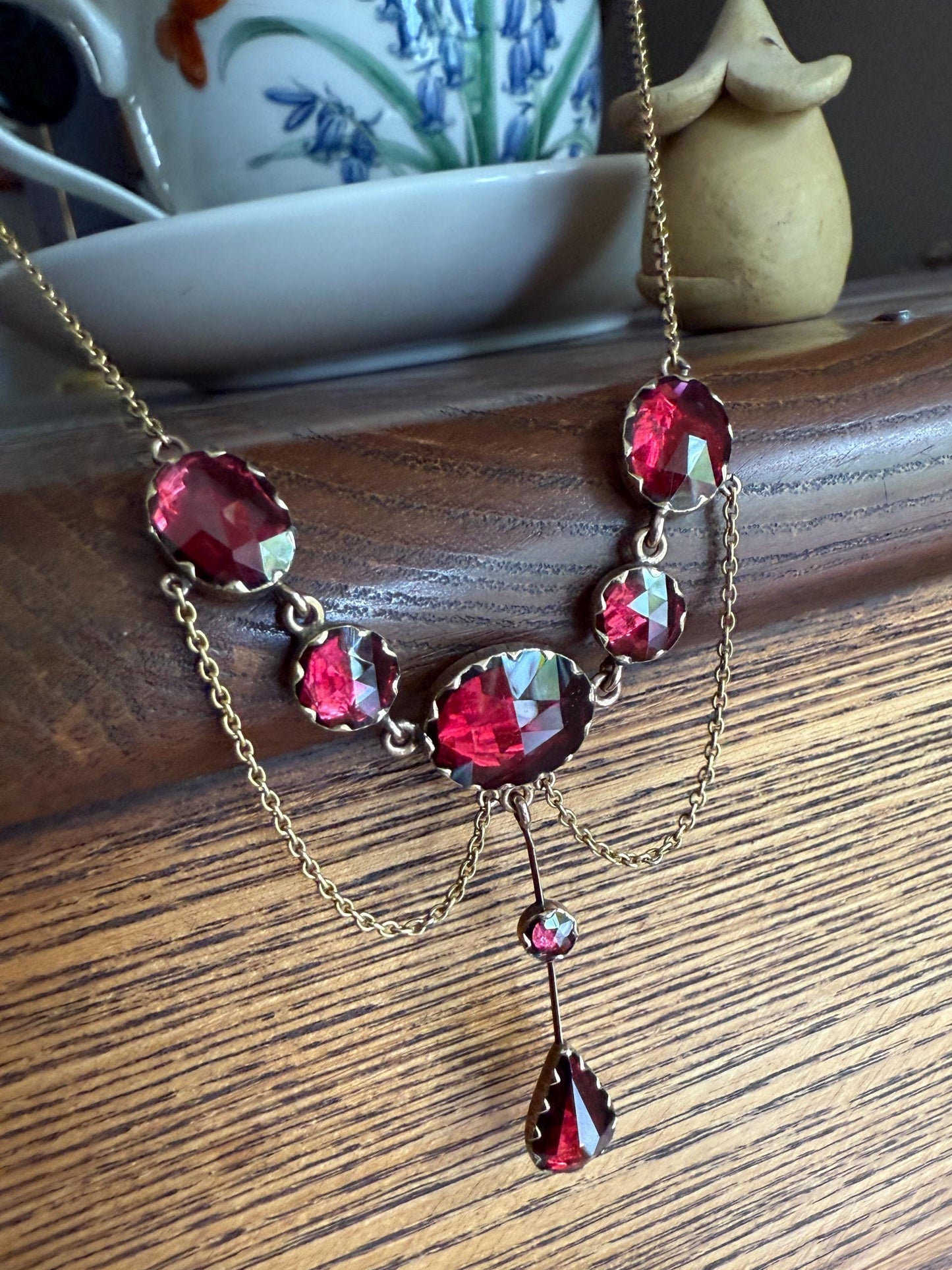 Gorgeous PERPIGNAN GARNET Festoon NECKLACE Drapery Chain 18k Gold Bezel Set Rose Cut Closed Back Almandine Glowing Raspberry Wine Love Gift