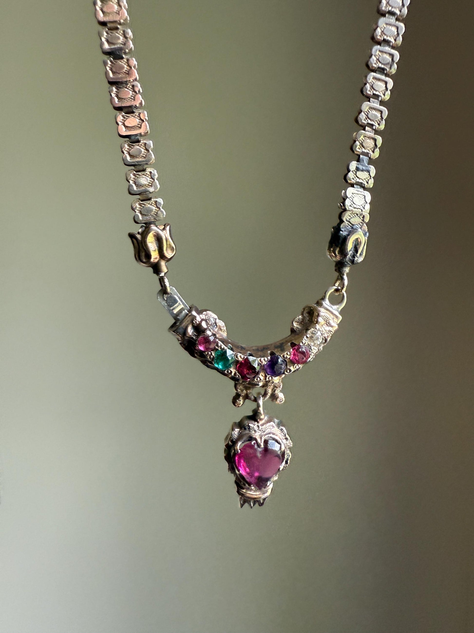 REGARD Old Mine Cut Diamond Amethyst Garnet Paste HEART Antique VICTORIAN Book Chain Necklace Pendant 10k Pale Gold Figural Rare Acrostic