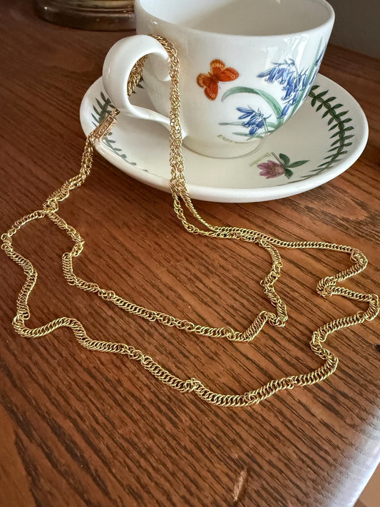 Victorian ANTIQUE 43" Long HEAVY French Hand Made 25g 18k Gold Circle Link Chain Enamel Floral Barrel Clasp Circle Links Guard Muff Double