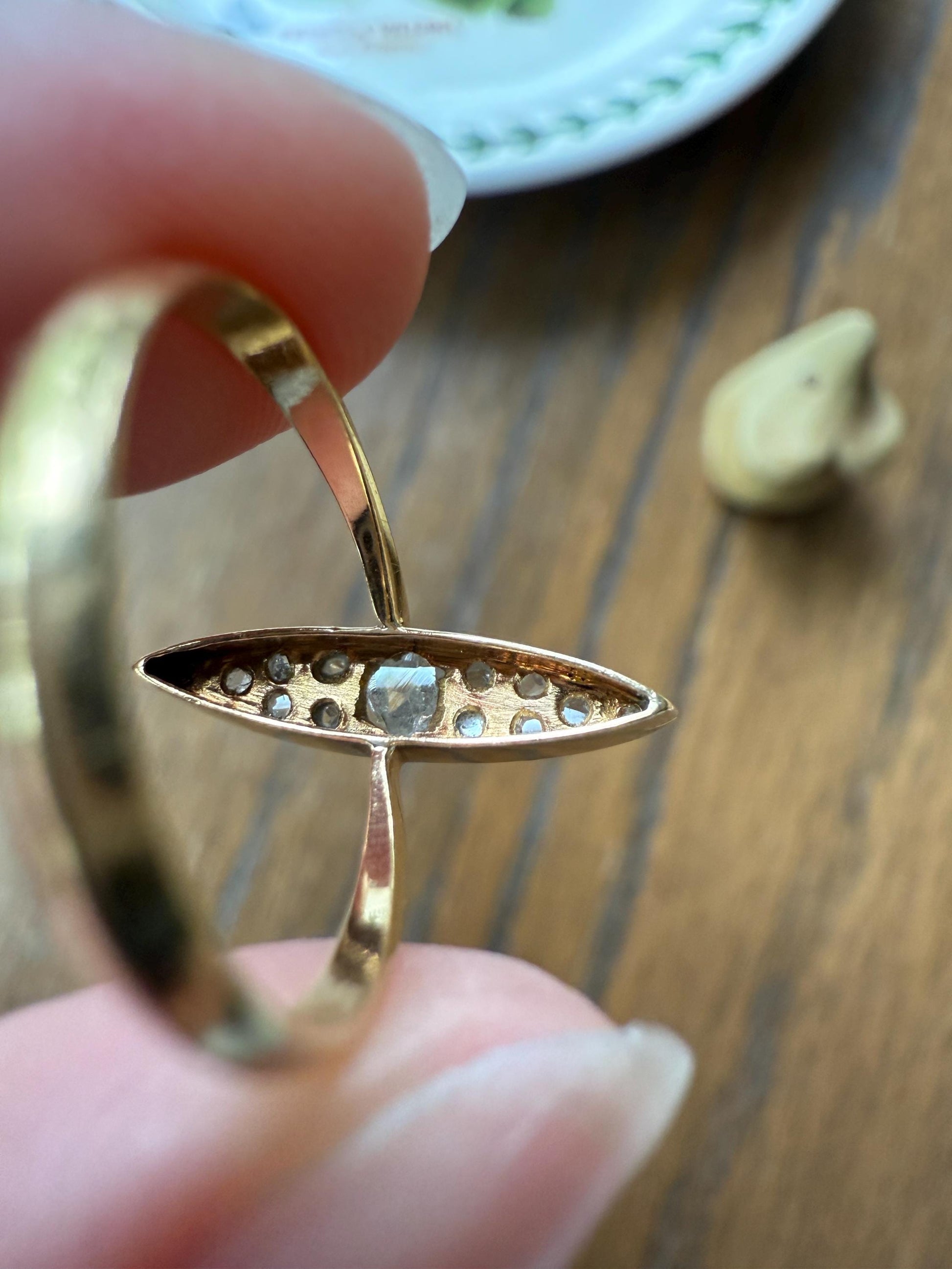 ANGLED Skinny Navette 13 Rose Cut DIAMOND Antique Ring 18k Gold Victorian to Georgian Scalloped Romantic Gift