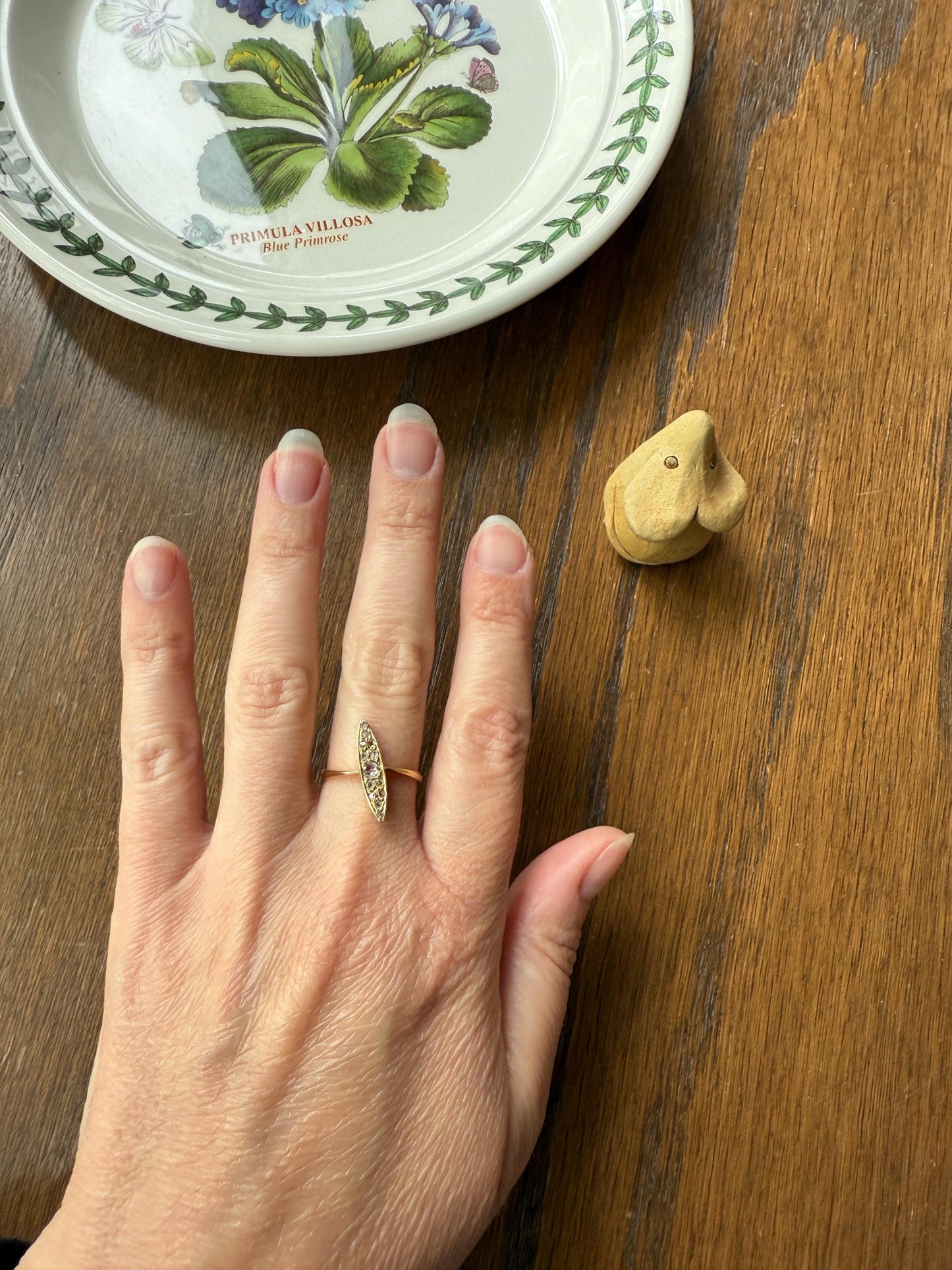 ANGLED Skinny Navette 13 Rose Cut DIAMOND Antique Ring 18k Gold Victorian to Georgian Scalloped Romantic Gift