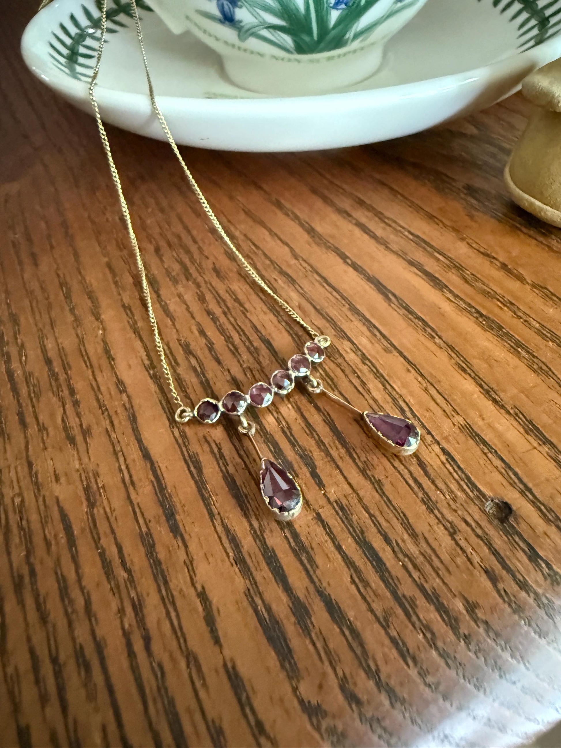 Daintier Victorian Curved Perpignan GARNET Negligee Necklace Chain Teardrop Dangle Pendants 18k Gold Rose Cut Closed Back Almandine Glowing