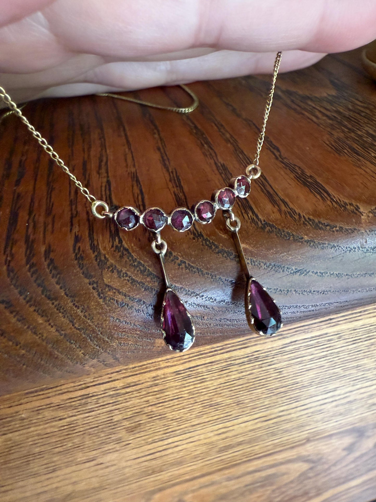Daintier Victorian Curved Perpignan GARNET Negligee Necklace Chain Teardrop Dangle Pendants 18k Gold Rose Cut Closed Back Almandine Glowing