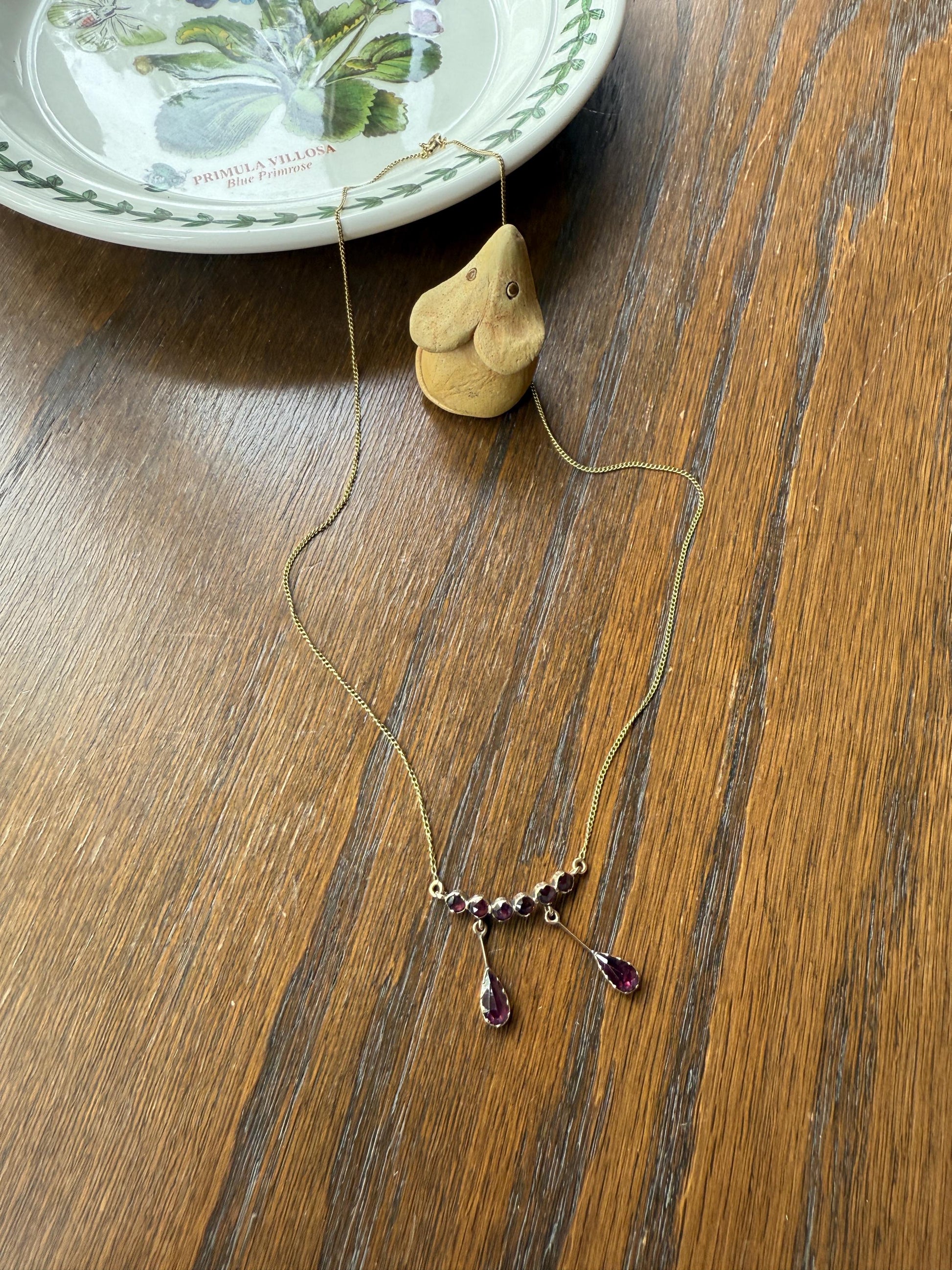 Daintier Victorian Curved Perpignan GARNET Negligee Necklace Chain Teardrop Dangle Pendants 18k Gold Rose Cut Closed Back Almandine Glowing