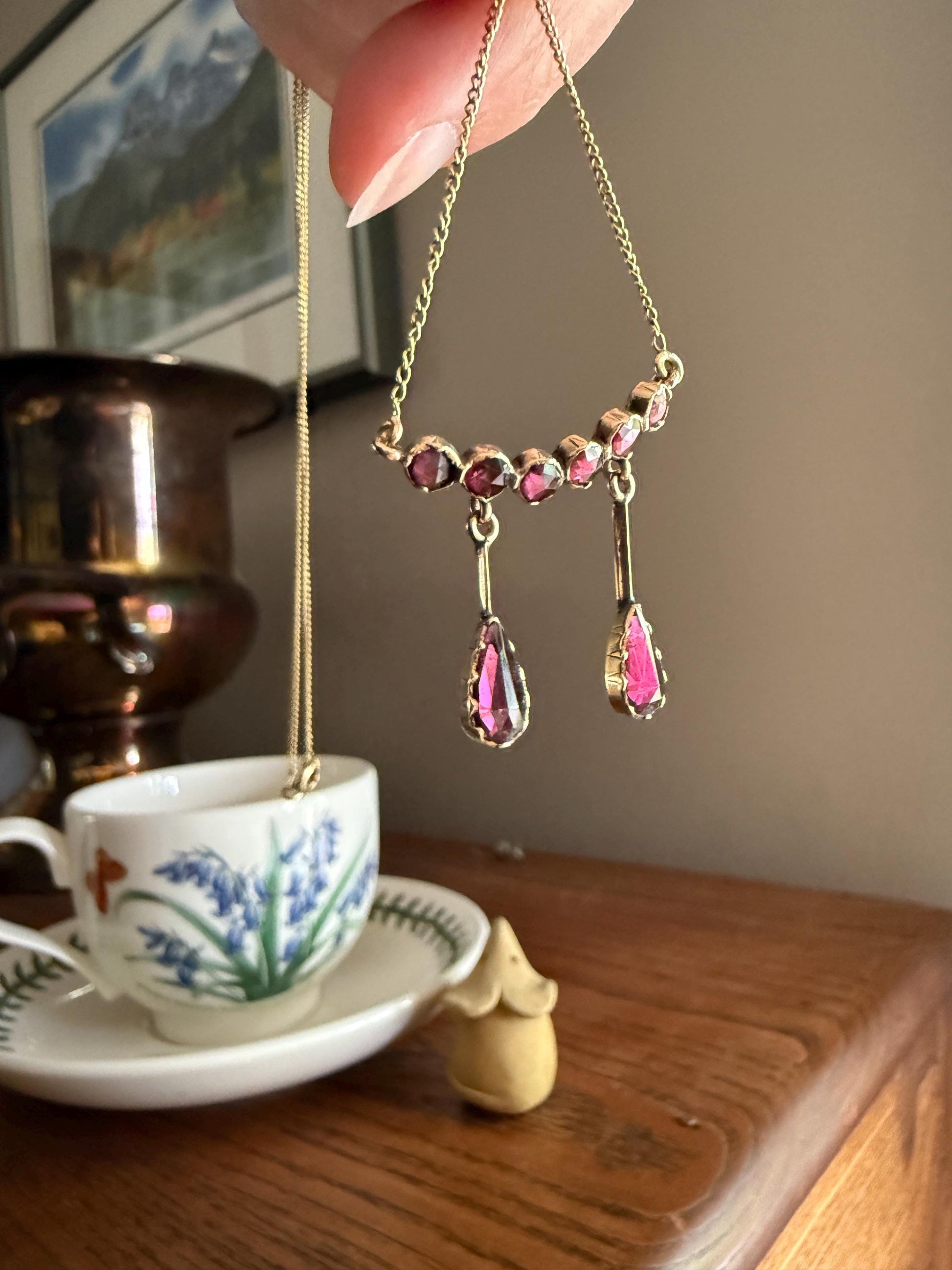 Daintier Victorian Curved Perpignan GARNET Negligee Necklace Chain Teardrop Dangle Pendants 18k Gold Rose Cut Closed Back Almandine Glowing
