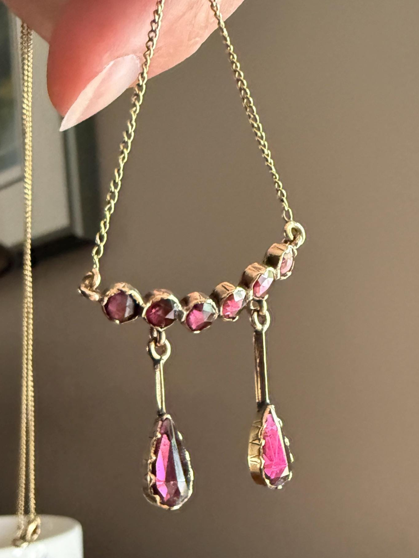Daintier Victorian Curved Perpignan GARNET Negligee Necklace Chain Teardrop Dangle Pendants 18k Gold Rose Cut Closed Back Almandine Glowing