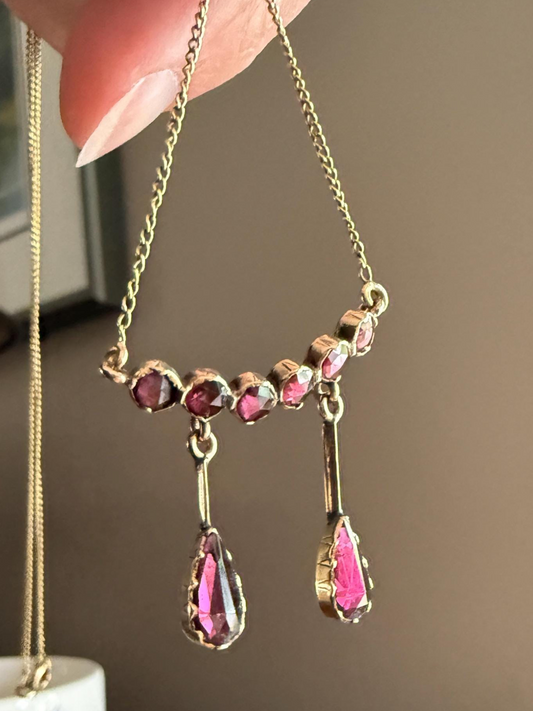 Daintier Victorian Curved Perpignan GARNET Negligee Necklace Chain Teardrop Dangle Pendants 18k Gold Rose Cut Closed Back Almandine Glowing