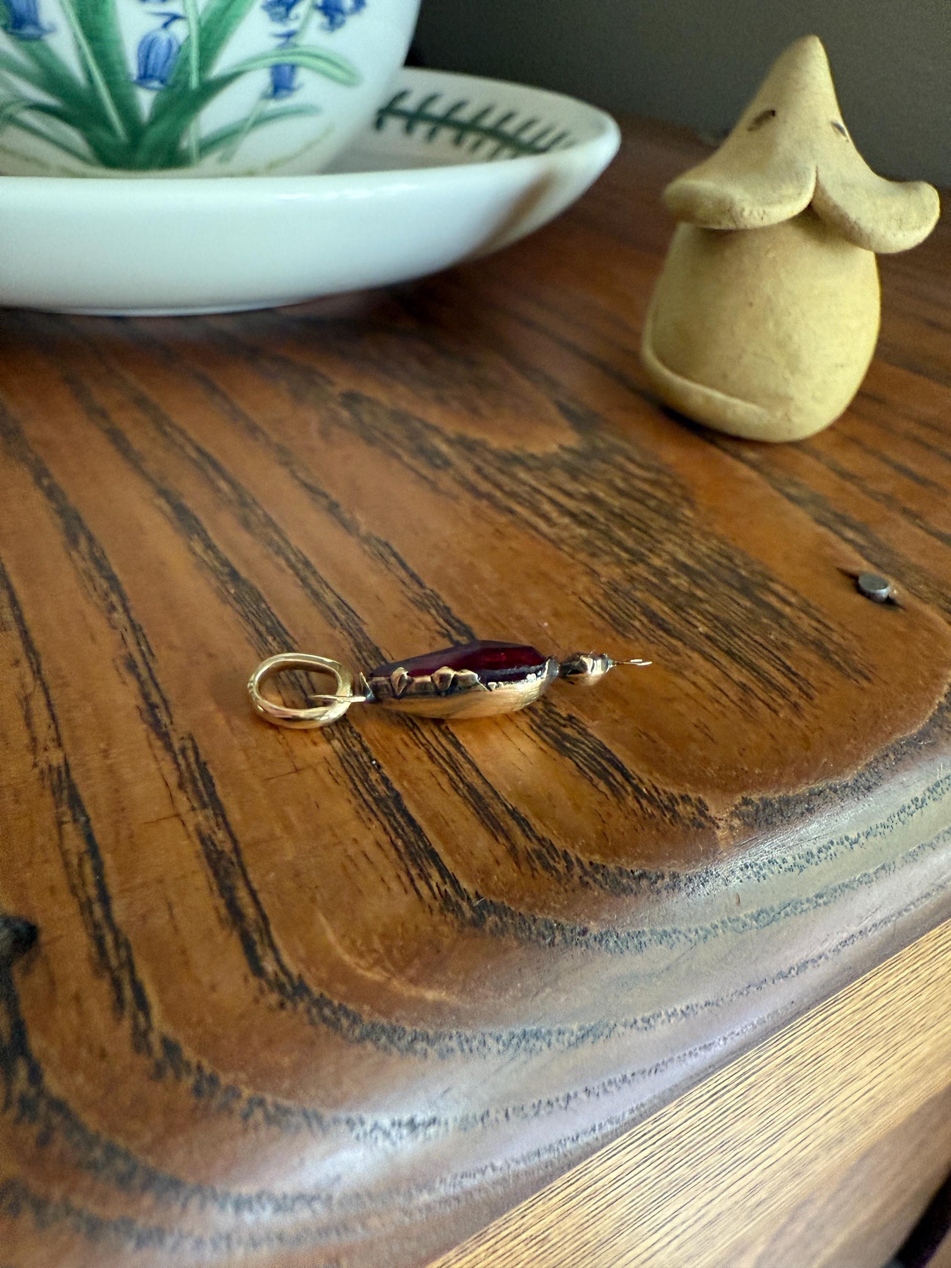 TEARDROP Victorian French Perpignan GARNET Pendant Charm Dangle Pendant Pear 18k Gold Rose Cut Closed Back Almandine Glowing Red Crimson
