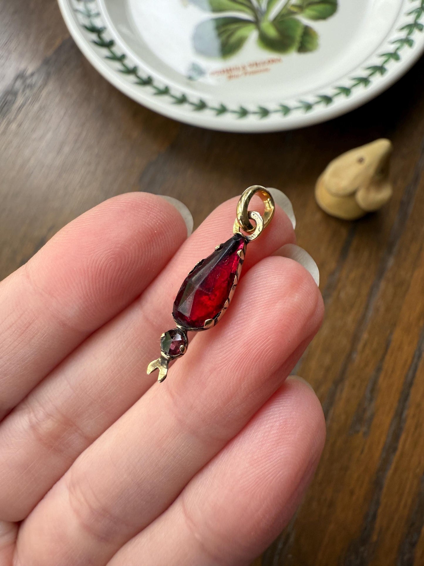 TEARDROP Victorian French Perpignan GARNET Pendant Charm Dangle Pendant Pear 18k Gold Rose Cut Closed Back Almandine Glowing Red Crimson