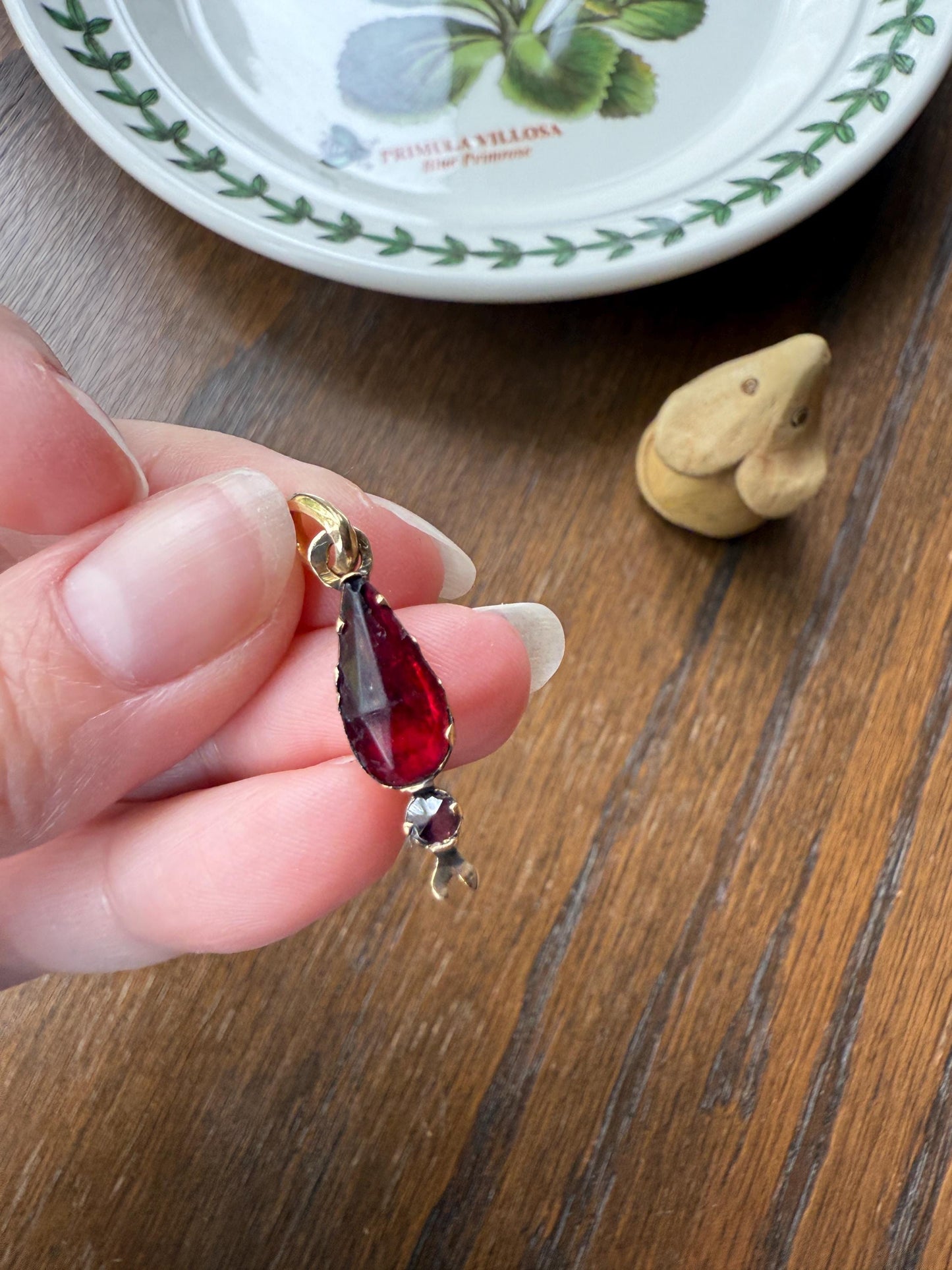 TEARDROP Victorian French Perpignan GARNET Pendant Charm Dangle Pendant Pear 18k Gold Rose Cut Closed Back Almandine Glowing Red Crimson
