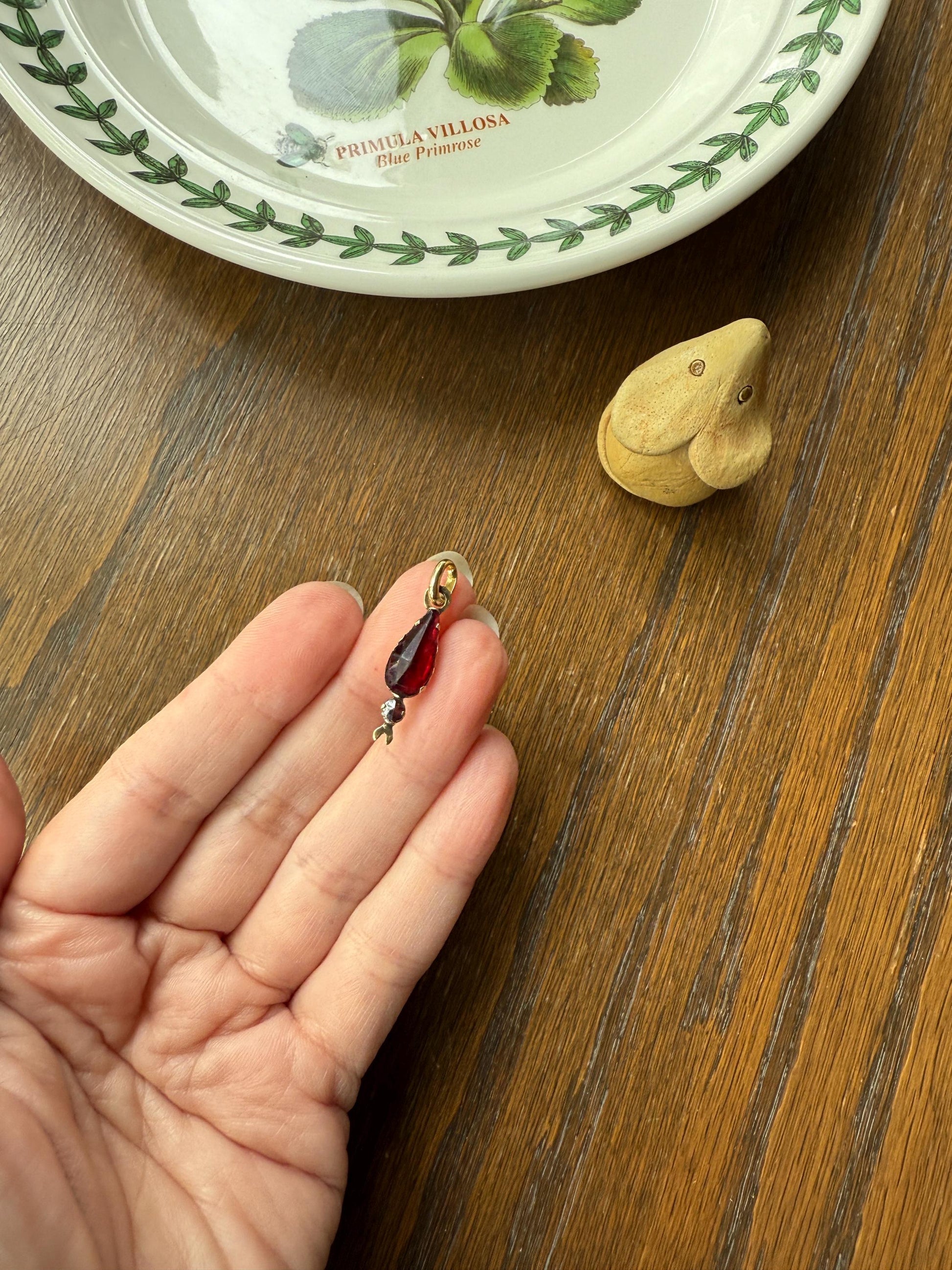 TEARDROP Victorian French Perpignan GARNET Pendant Charm Dangle Pendant Pear 18k Gold Rose Cut Closed Back Almandine Glowing Red Crimson