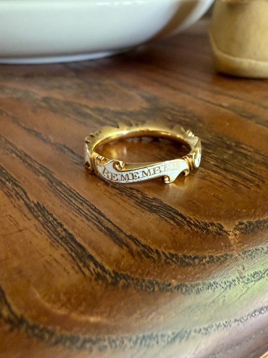 Antique "REMEMBER Your FRIENDS End" GEORGIAN Era White Enamel 18k Gold Swirl Mourning Ring Band Comfort Fit