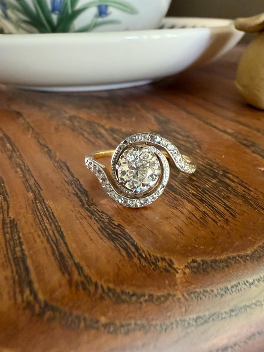 Turbillon French ANTIQUE Swirling 1.25 + Carat Old European Cut DIAMOND 18k Gold & PLATINUM Ring Bypass Rose Cut Halo