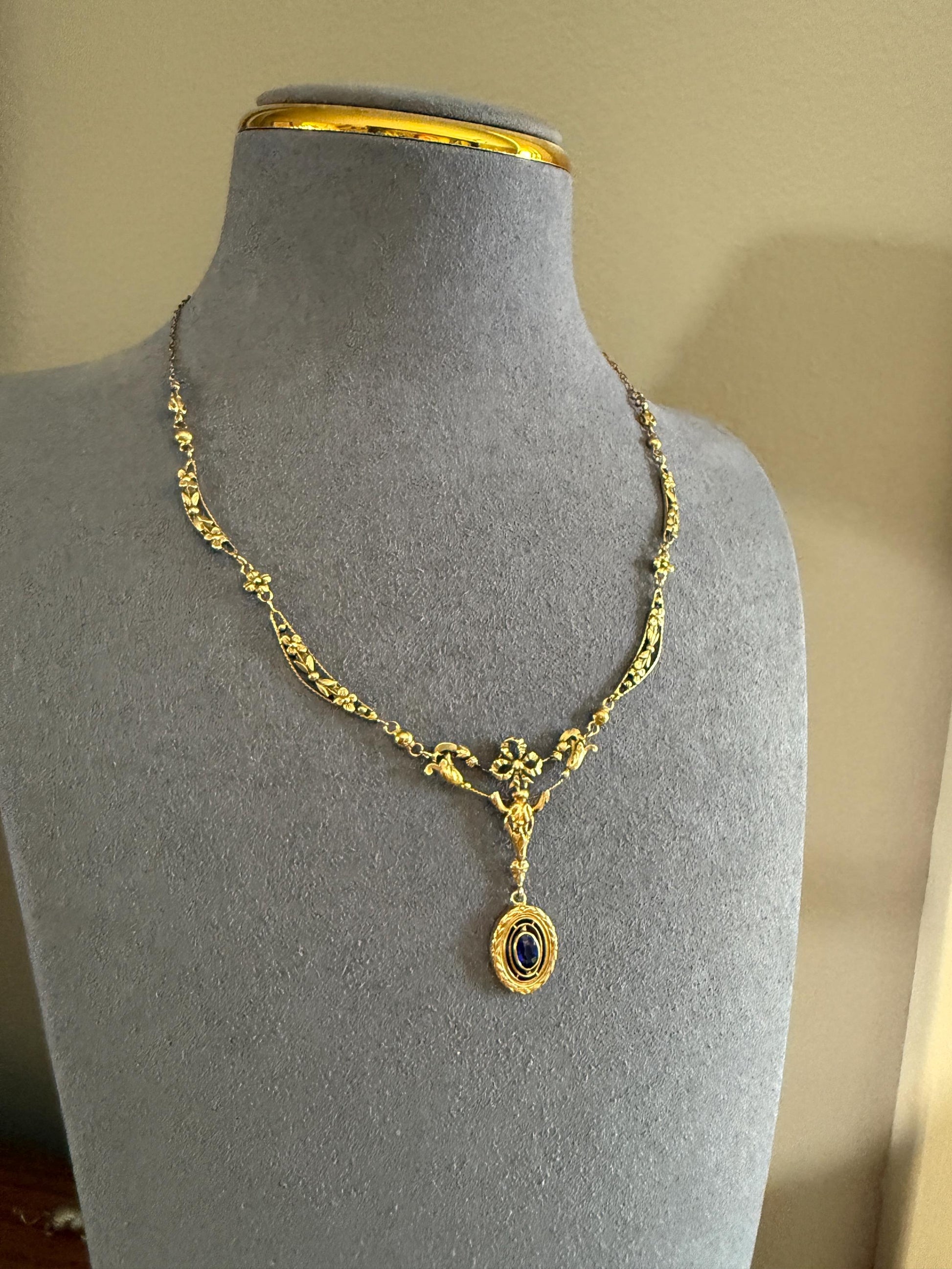 FORGET ME NOTS French Art Nouveau Antique 18k Gold Ribbon Garland Floral Necklace Drapery Chain Collar Flower Pendants Love Gift Bridal