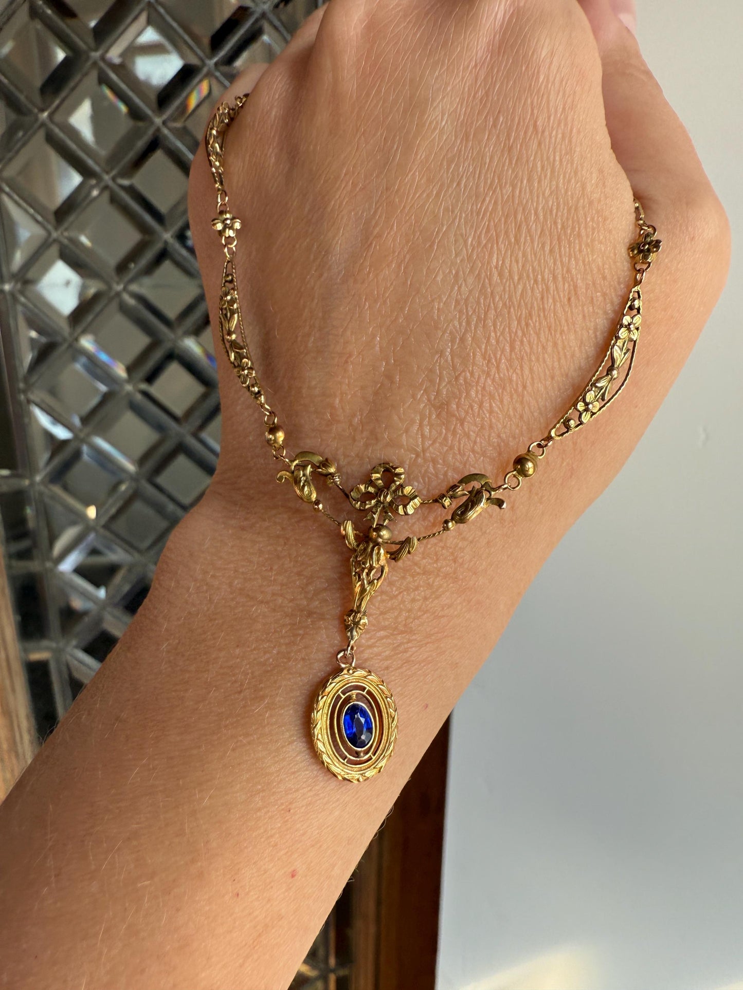 FORGET ME NOTS French Art Nouveau Antique 18k Gold Ribbon Garland Floral Necklace Drapery Chain Collar Flower Pendants Love Gift Bridal