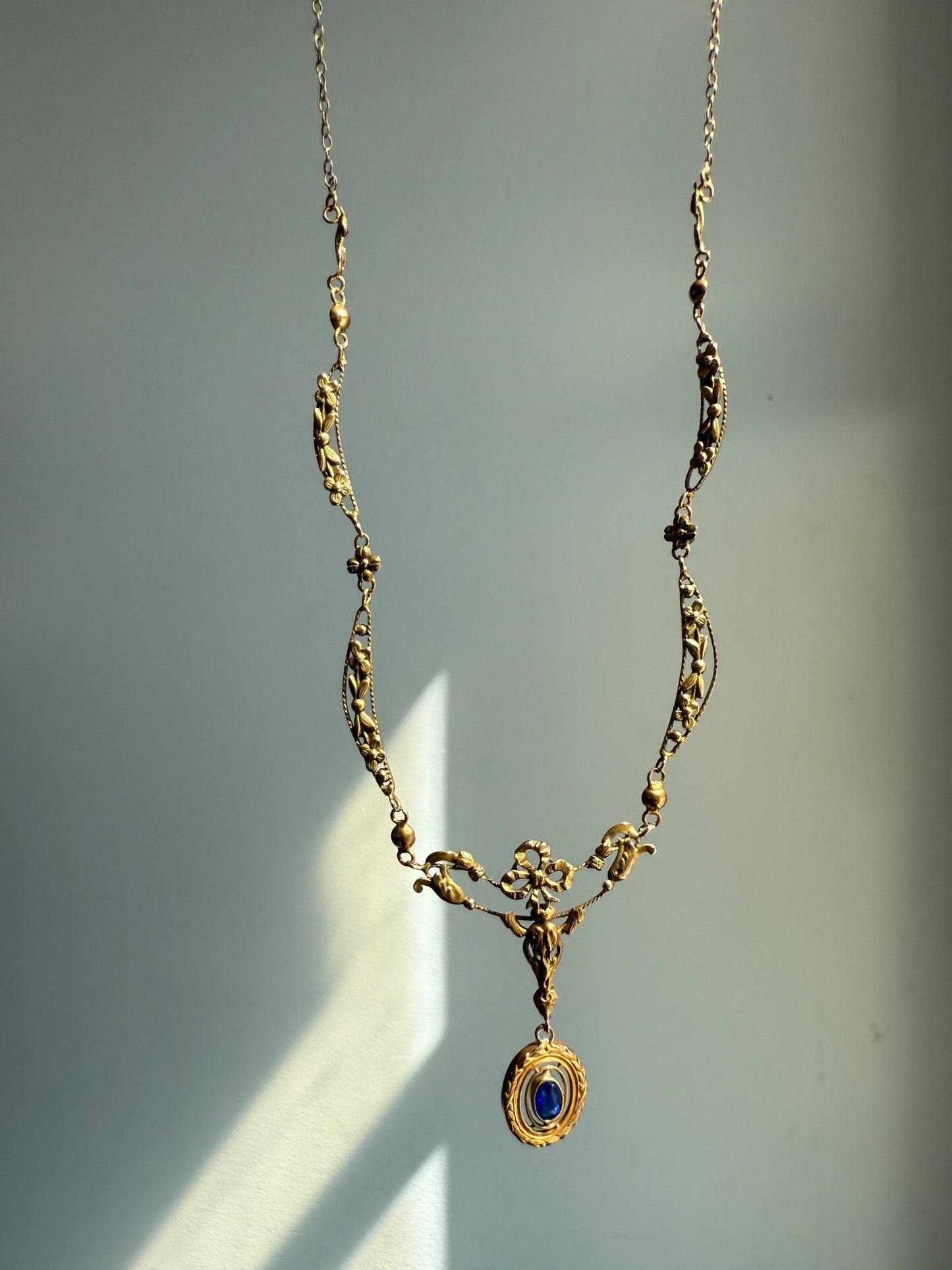 FORGET ME NOTS French Art Nouveau Antique 18k Gold Ribbon Garland Floral Necklace Drapery Chain Collar Flower Pendants Love Gift Bridal