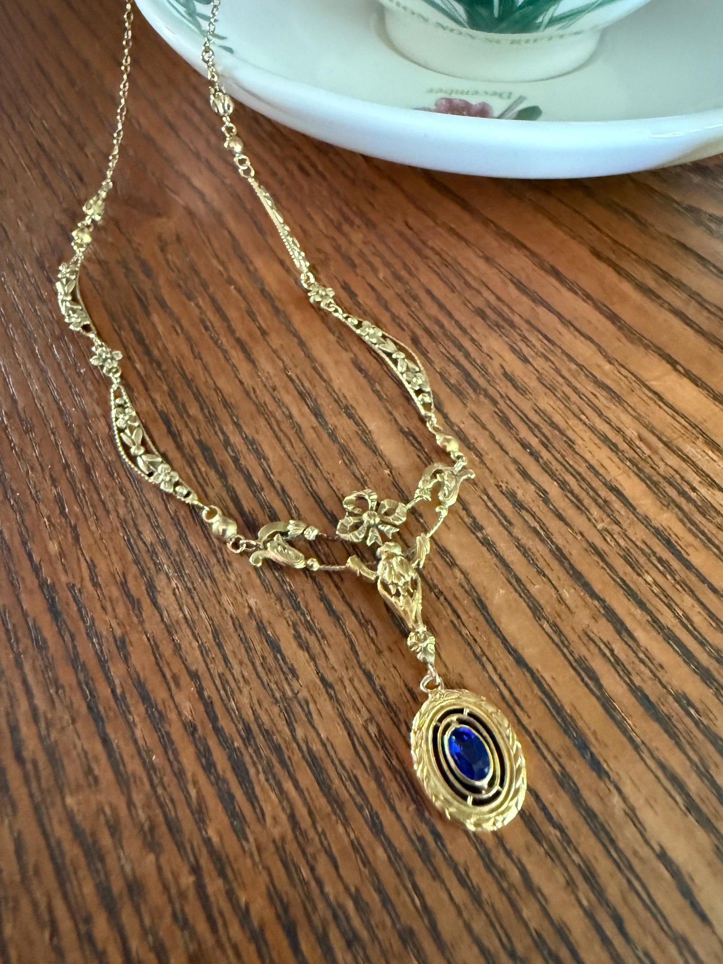 FORGET ME NOTS French Art Nouveau Antique 18k Gold Ribbon Garland Floral Necklace Drapery Chain Collar Flower Pendants Love Gift Bridal