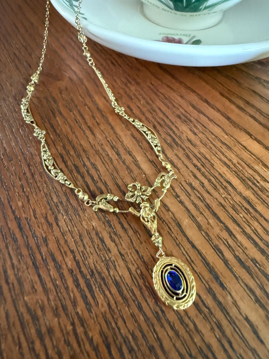 FORGET ME NOTS French Art Nouveau Antique 18k Gold Ribbon Garland Floral Necklace Drapery Chain Collar Flower Pendants Love Gift Bridal