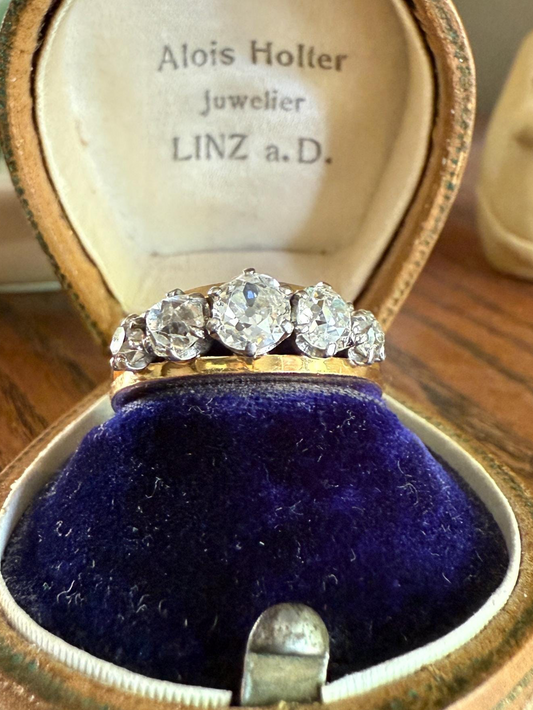 TALL French Vintage Ring 1.65 Carat Antique Old Mine Cut DIAMOND Five Stone Wide Band 18k Gold Platinum Solid Stacker Chunky