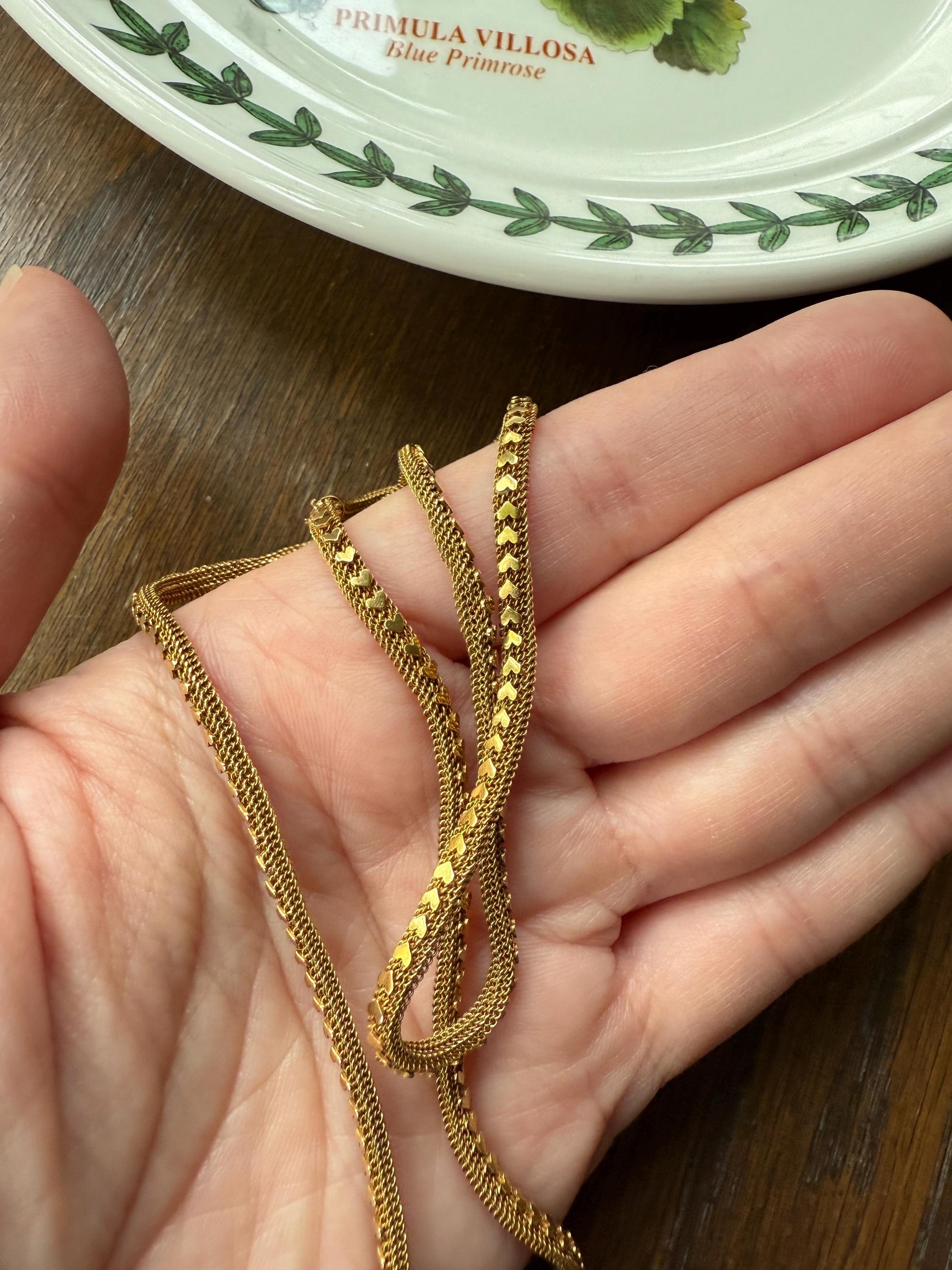 HEARTS Shimmering Applied Figural on Fine Mesh Link Chain French Antique 18g 18k GOLD Solid Tube Book Chain Necklace Wide Neckmess Neckstack