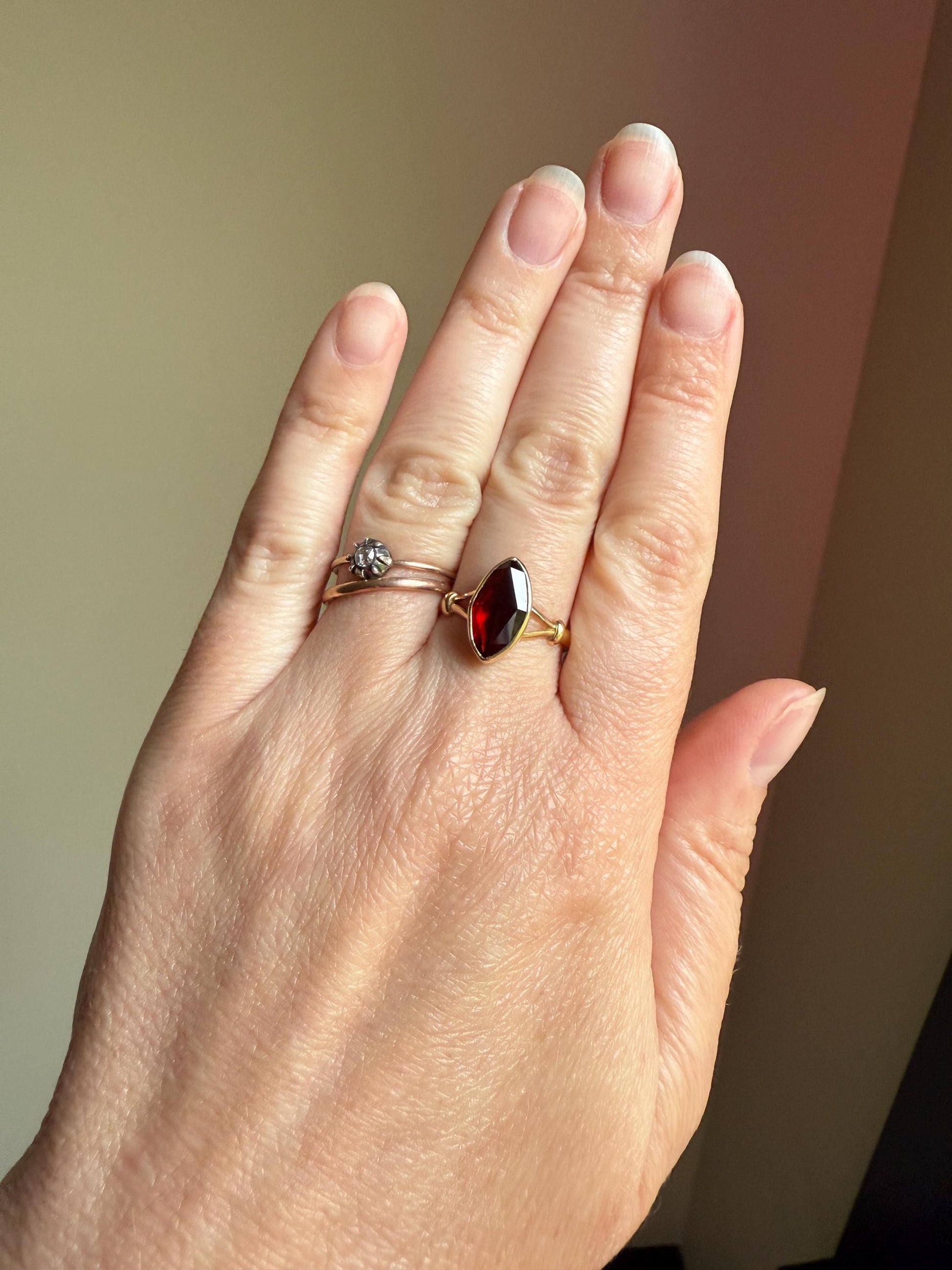Marquise Perpignan GARNET Navette Ring French New! 18k Gold Crimson Light Reflective Foil Back Geometric Stacker Unique Romantic Gift